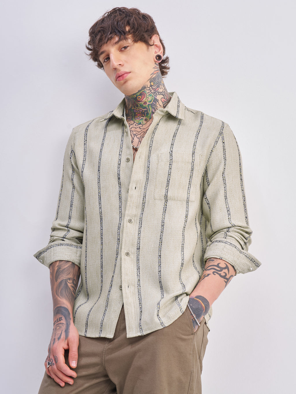 Highlander Men Olive Striped Relaxed Fit Casual Shirt - Olive - Image 1