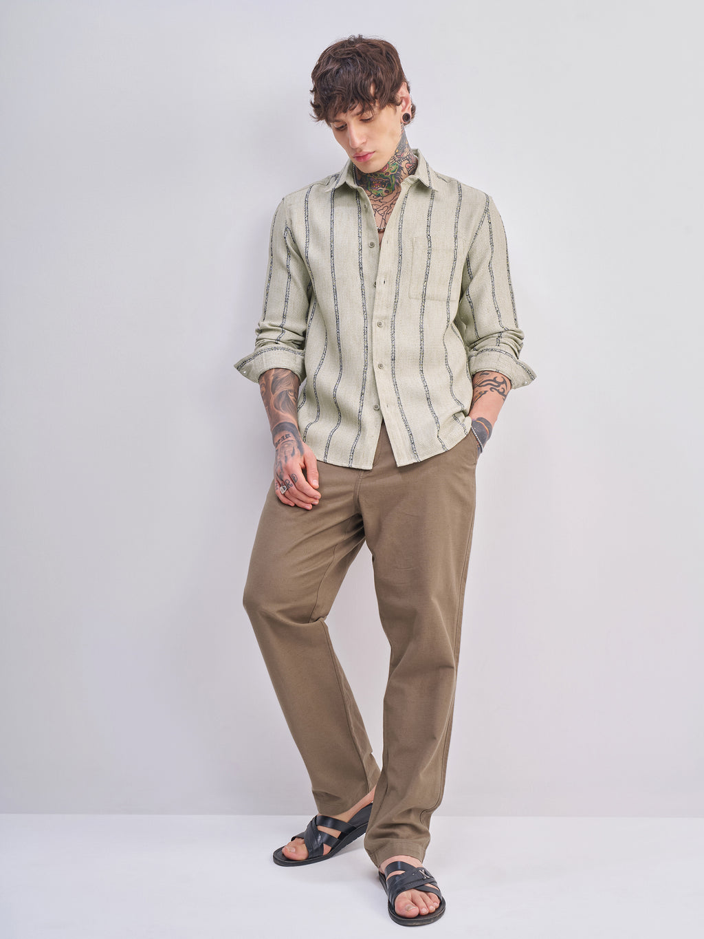 Highlander Men Olive Striped Relaxed Fit Casual Shirt - Olive - Image 2