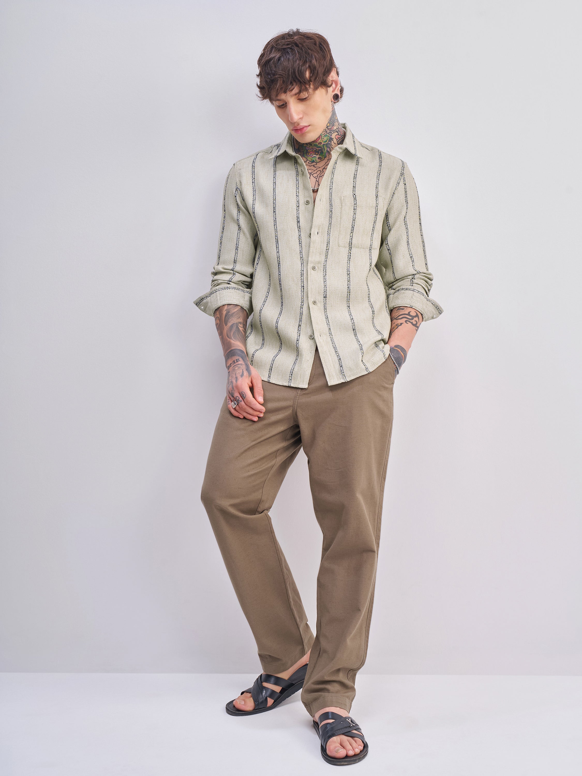Highlander Men Olive Striped Relaxed Fit Casual Shirt - Olive - Image 2