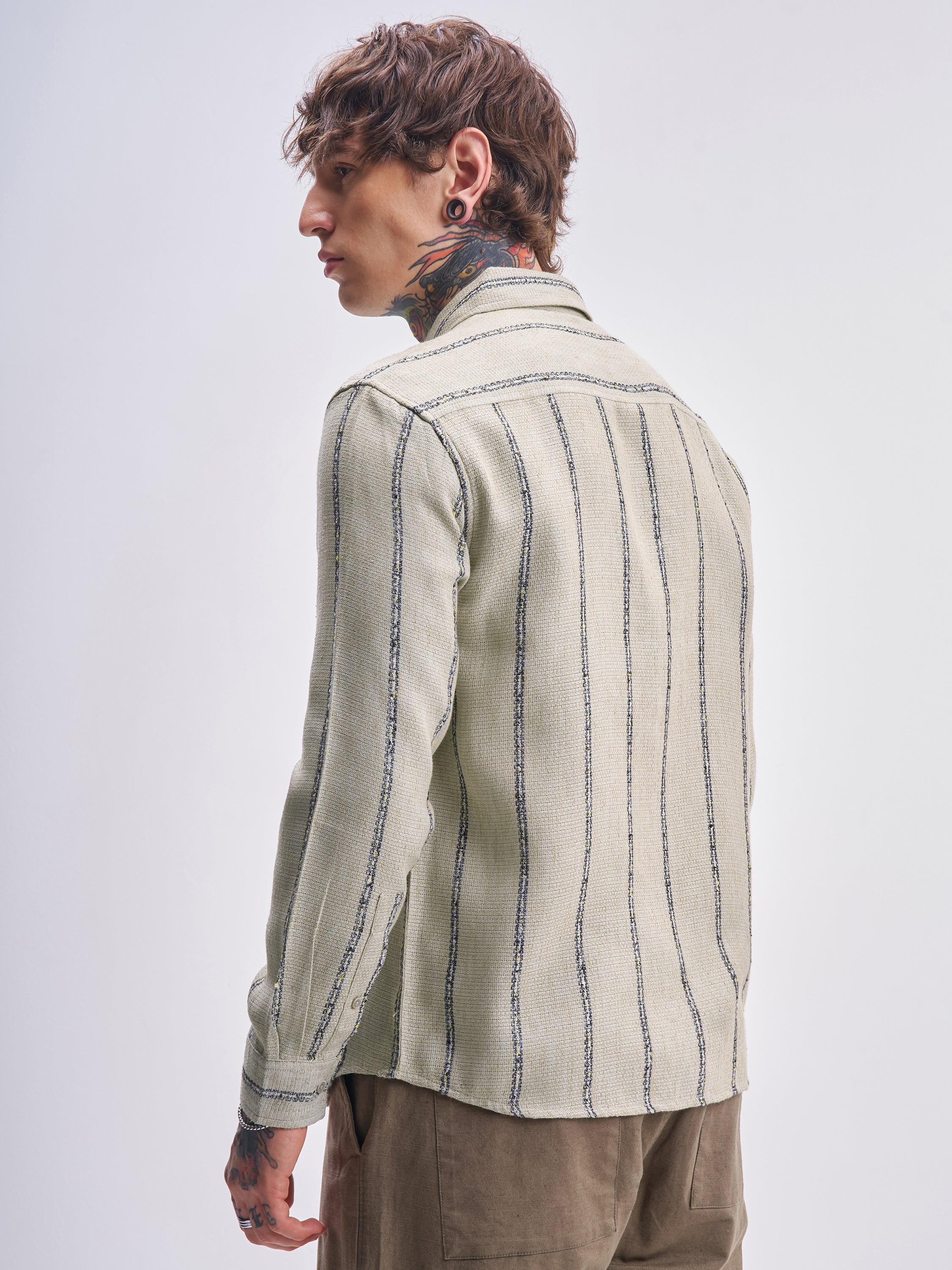 Highlander Men Olive Striped Relaxed Fit Casual Shirt - Olive - Image 3