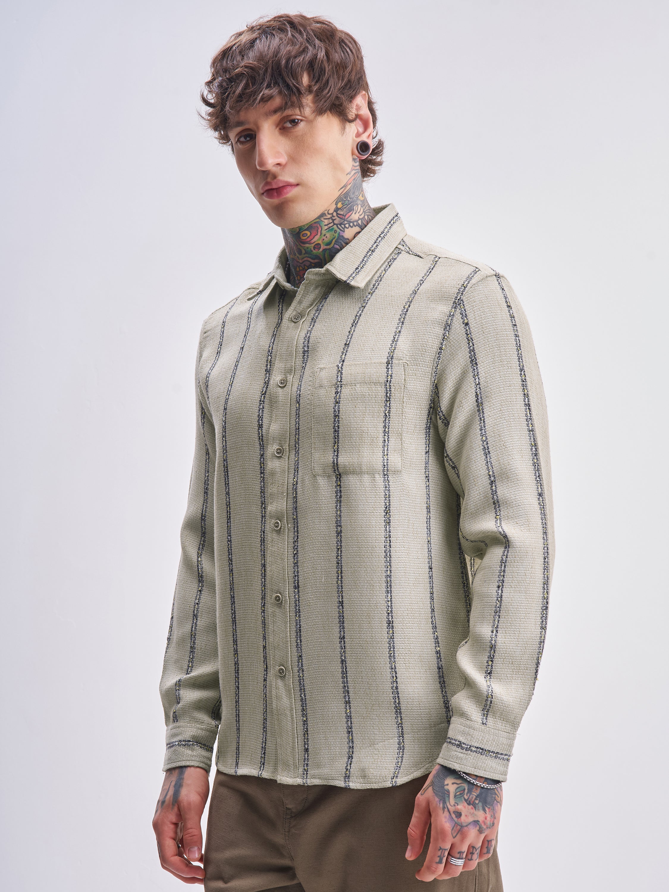 Highlander Men Olive Striped Relaxed Fit Casual Shirt - Olive - Image 4