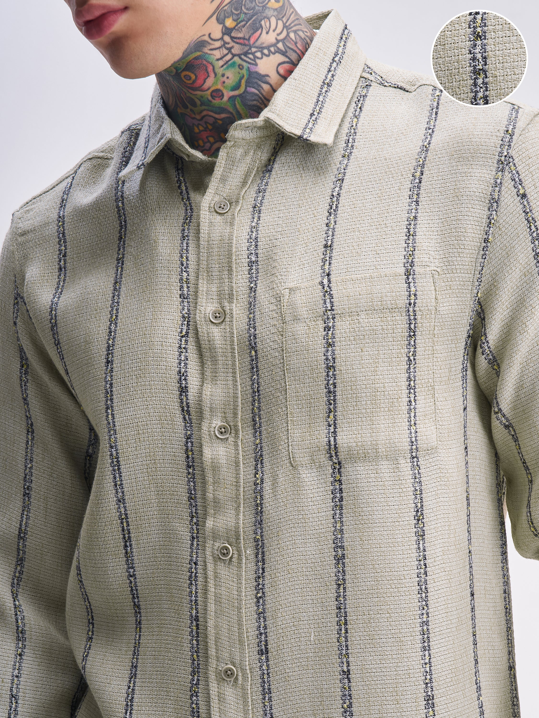 Highlander Men Olive Striped Relaxed Fit Casual Shirt - Olive - Image 5