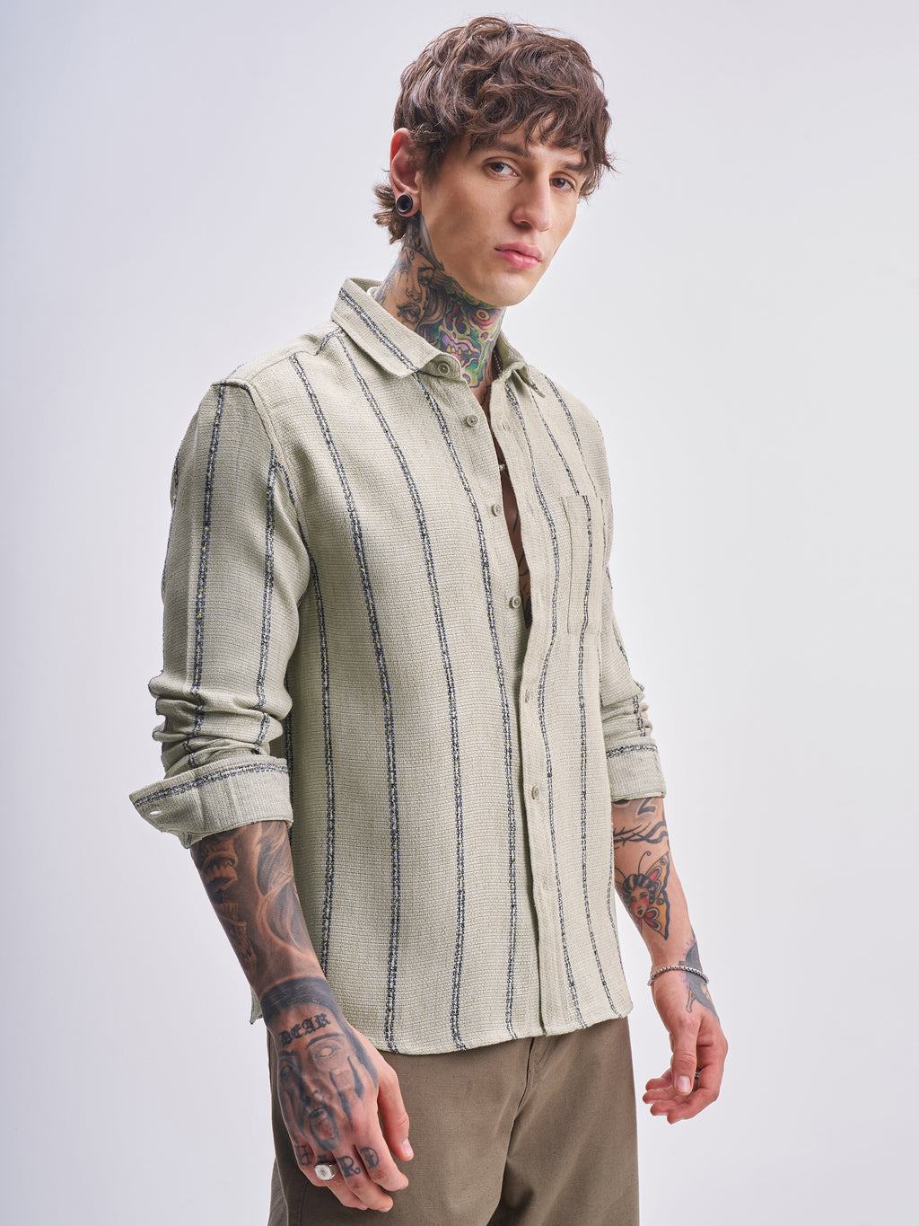 Highlander Men Olive Striped Relaxed Fit Casual Shirt - Olive - Image 6