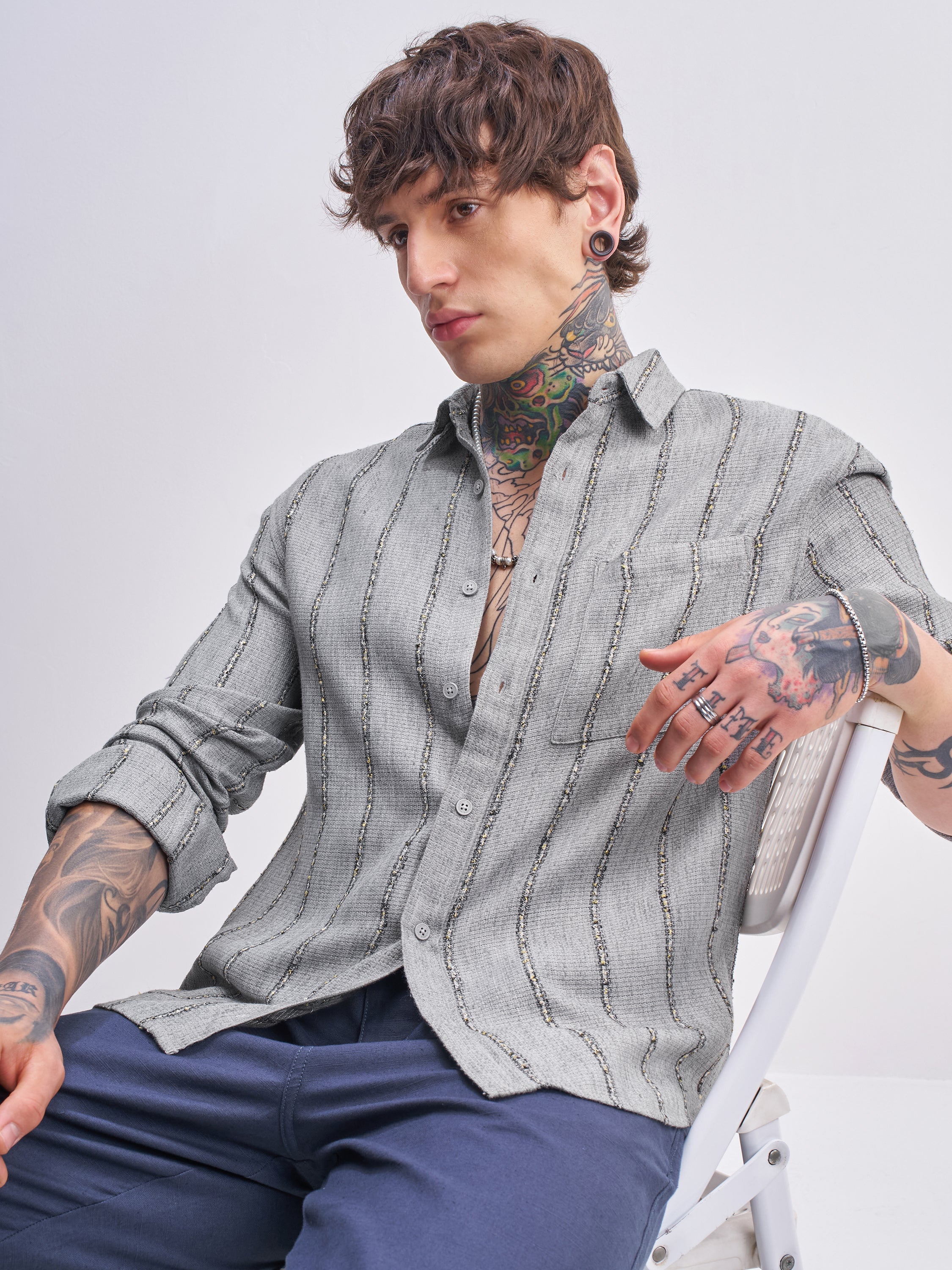 Highlander Men Grey Striped Relaxed Fit Casual Shirt - Grey - Image 1
