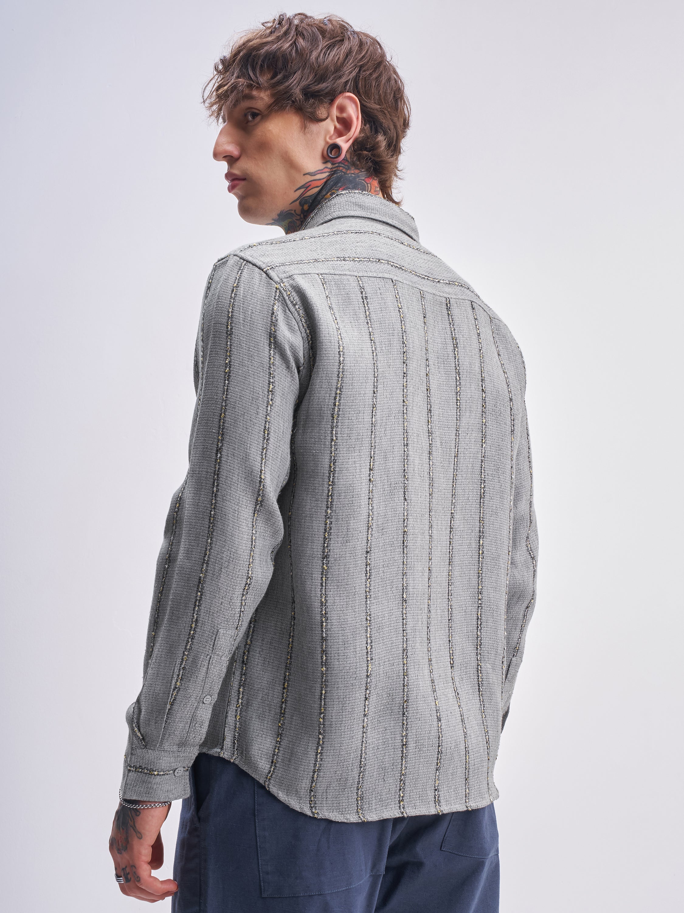 Highlander Men Grey Striped Relaxed Fit Casual Shirt - Grey - Image 3