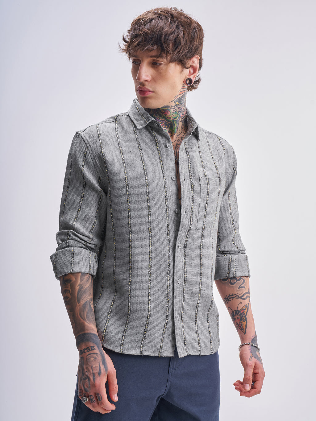 Highlander Men Grey Striped Relaxed Fit Casual Shirt - Grey - Image 6