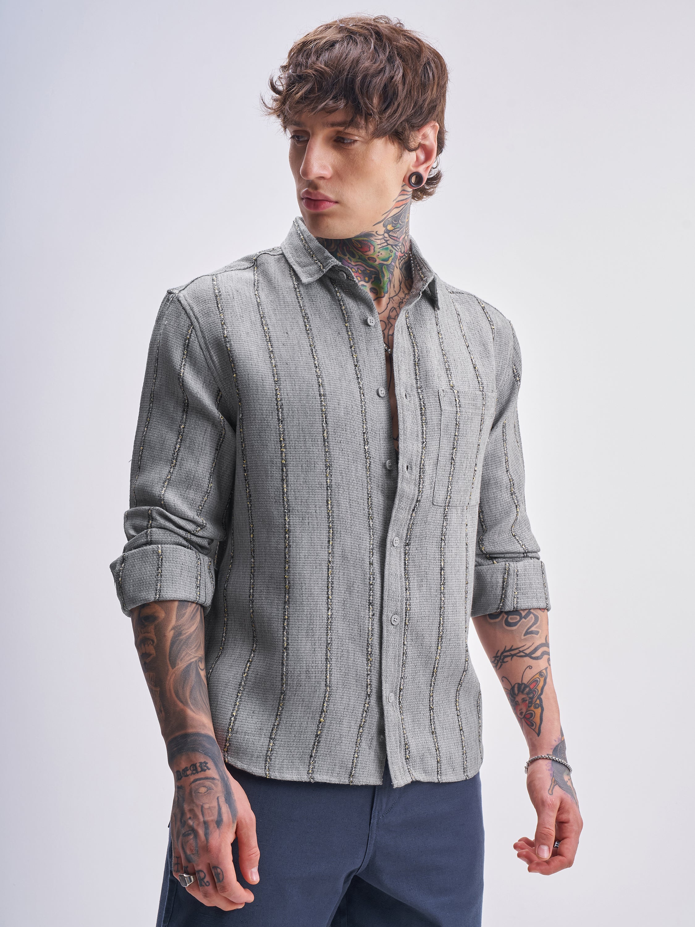 Highlander Men Grey Striped Relaxed Fit Casual Shirt - Grey - Image 6
