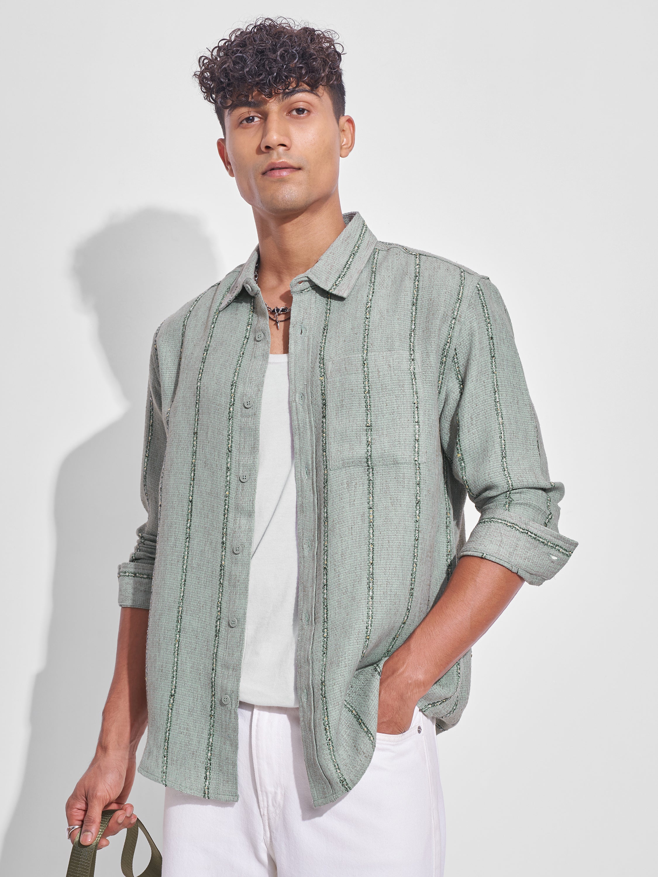 Highlander Men Green Striped Relaxed Fit Casual Shirt - Green - Image 4
