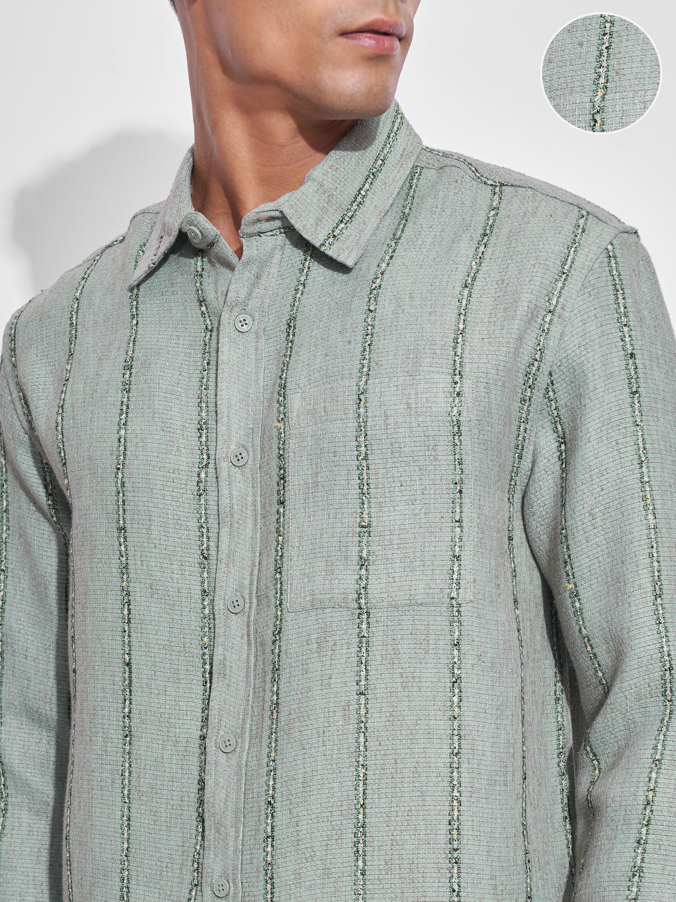 Highlander Men Green Striped Relaxed Fit Casual Shirt - Green - Image 5