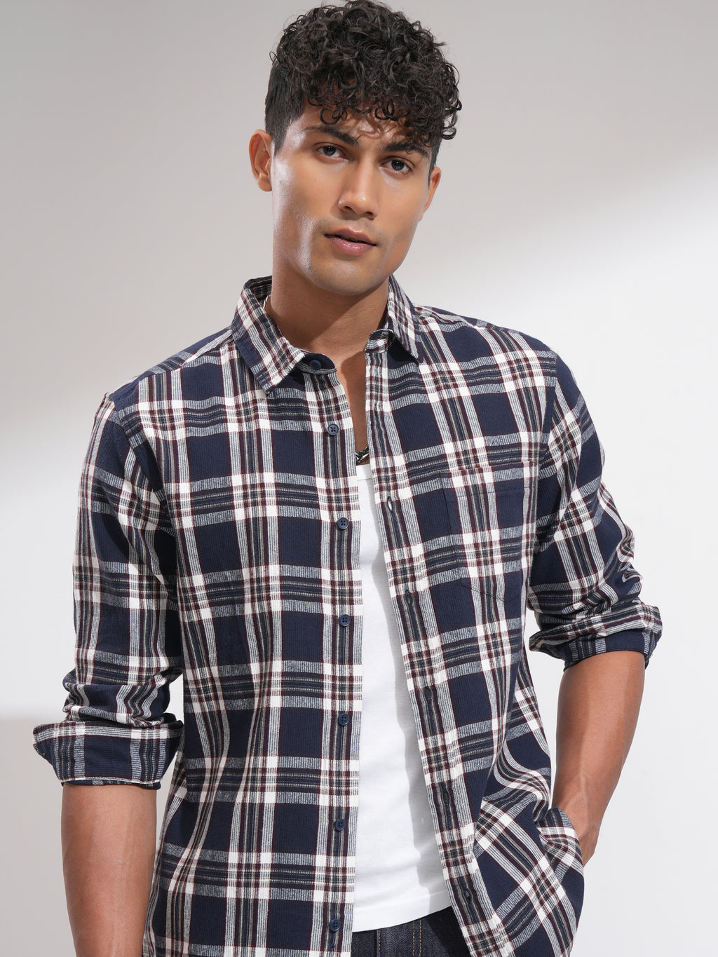 Highlander Men Navy Blue Checked Slim Fit Casual Shirt - Navy Blue - Image 1