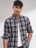 Highlander Men Navy Blue Checked Slim Fit Casual Shirt - Navy Blue - Image 1