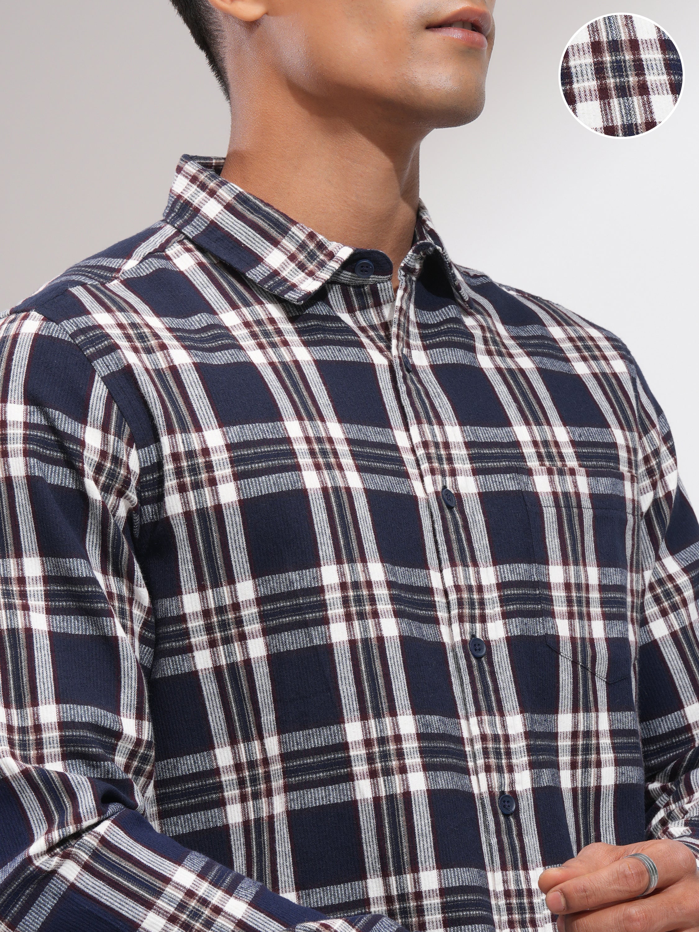 Highlander Men Navy Blue Checked Slim Fit Casual Shirt - Navy Blue - Image 5