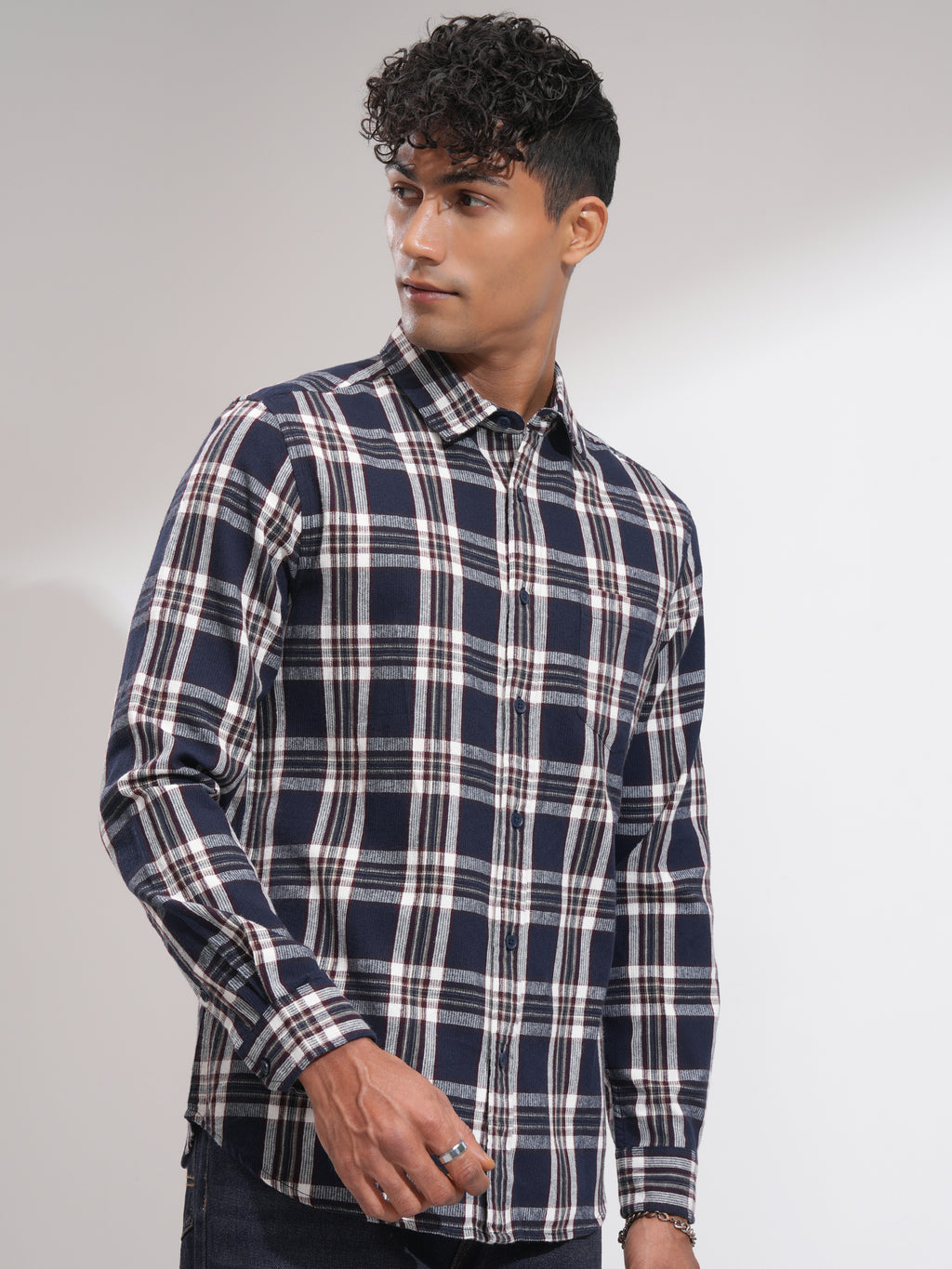 Highlander Men Navy Blue Checked Slim Fit Casual Shirt - Navy Blue - Image 6