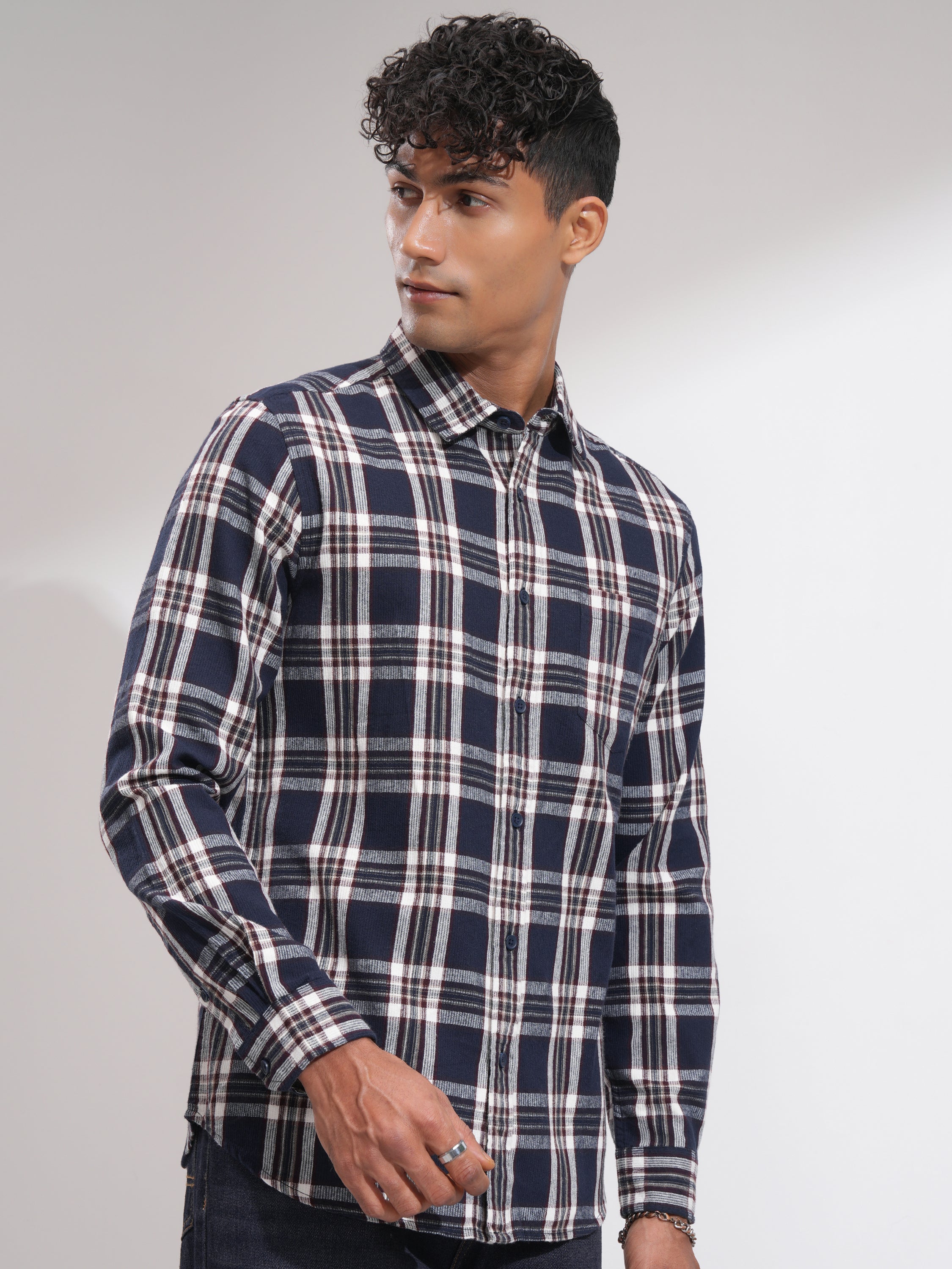 Highlander Men Navy Blue Checked Slim Fit Casual Shirt - Navy Blue - Image 6