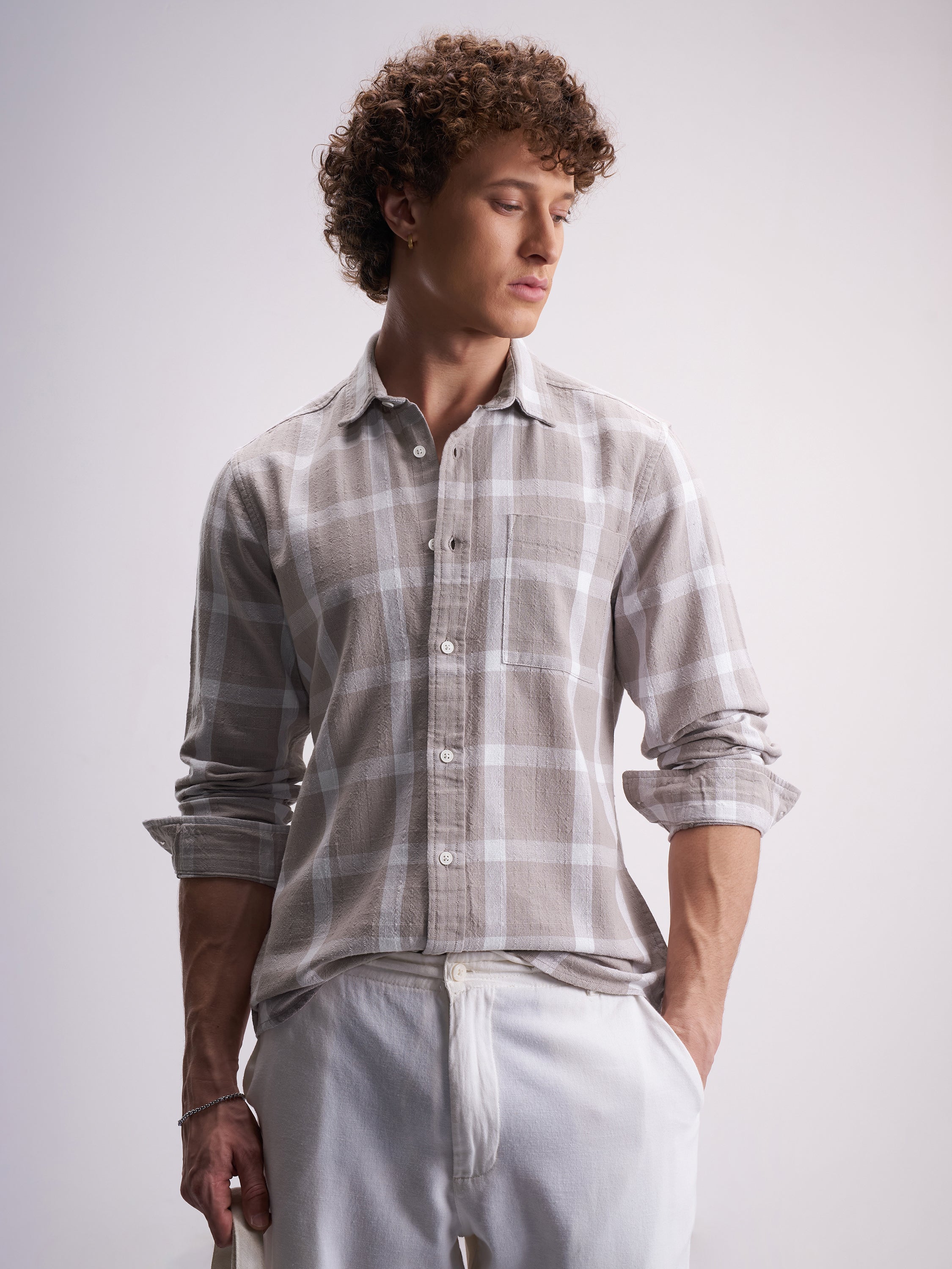 Highlander Men Tan Checked Relaxed Fit Casual Shirt - Tan - Image 1