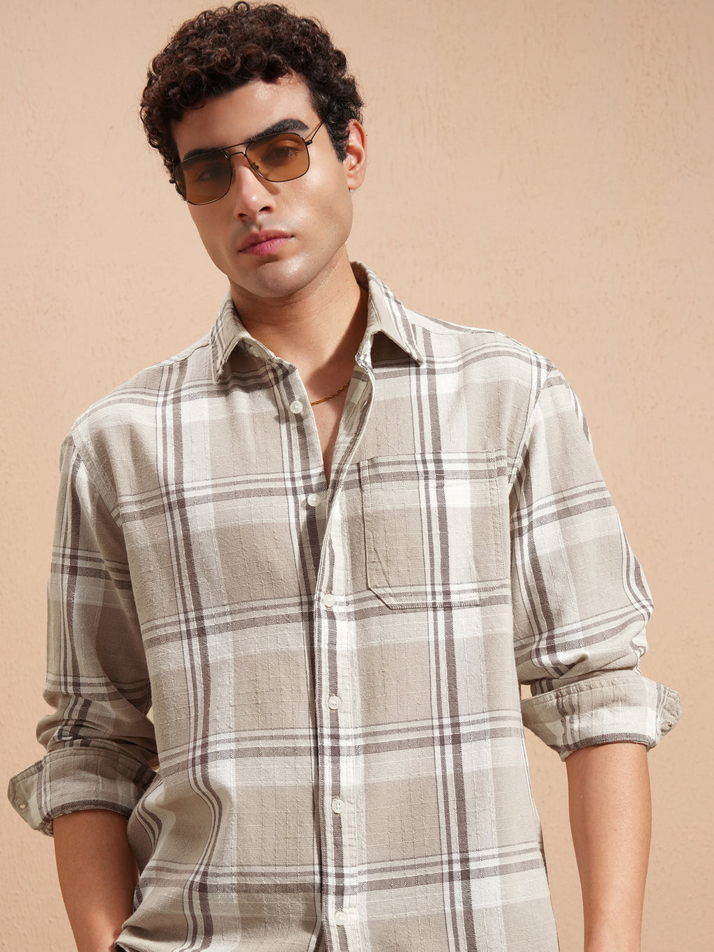 Highlander Men Beige Checked Relaxed Fit Casual Shirt - Beige - Image 1
