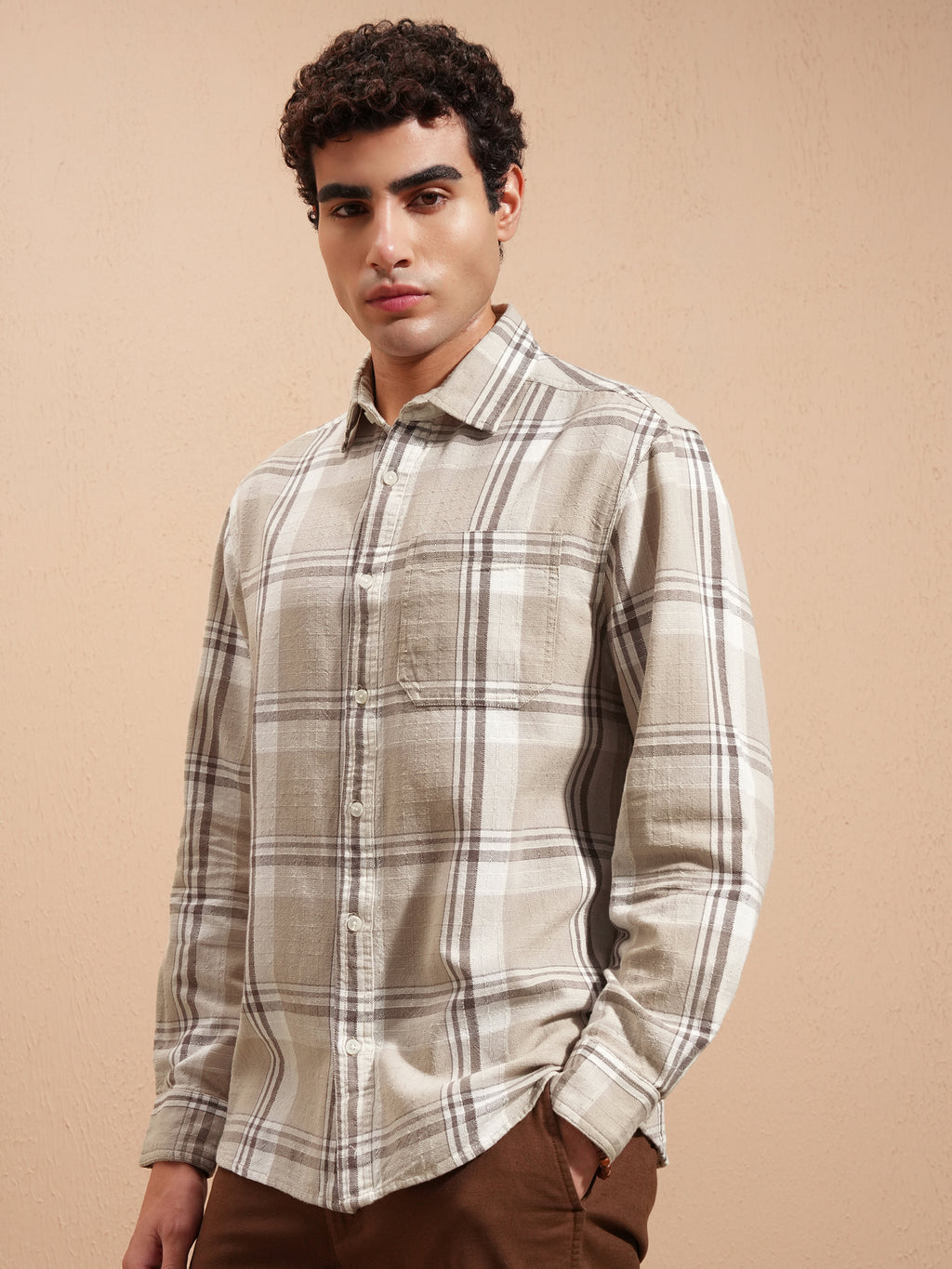 Highlander Men Beige Checked Relaxed Fit Casual Shirt - Beige - Image 4
