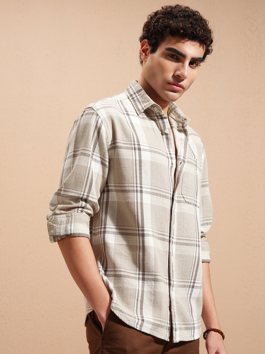 Highlander Men Beige Checked Relaxed Fit Casual Shirt - Beige - Image 6