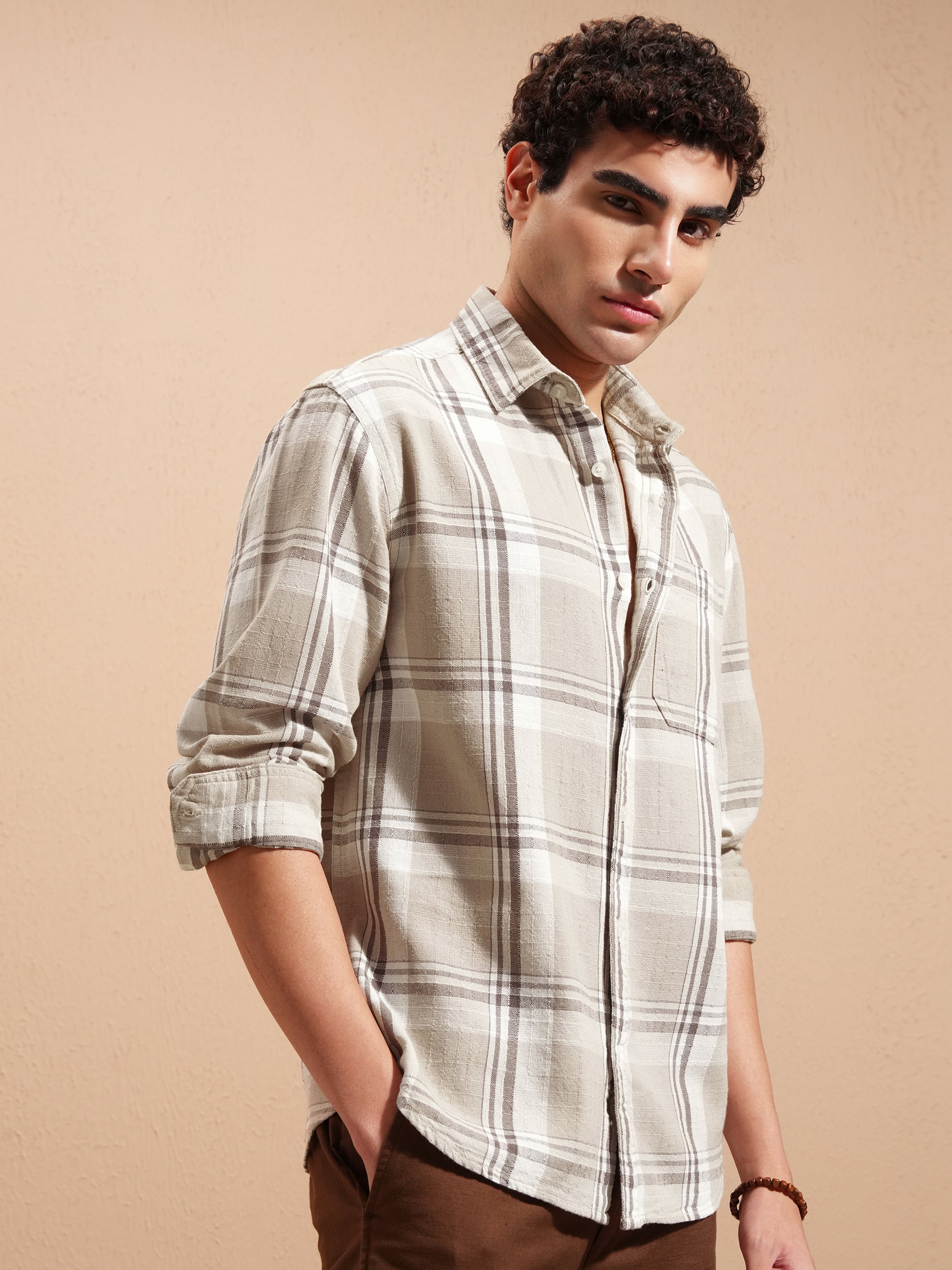 Highlander Men Beige Checked Relaxed Fit Casual Shirt - Beige - Image 6
