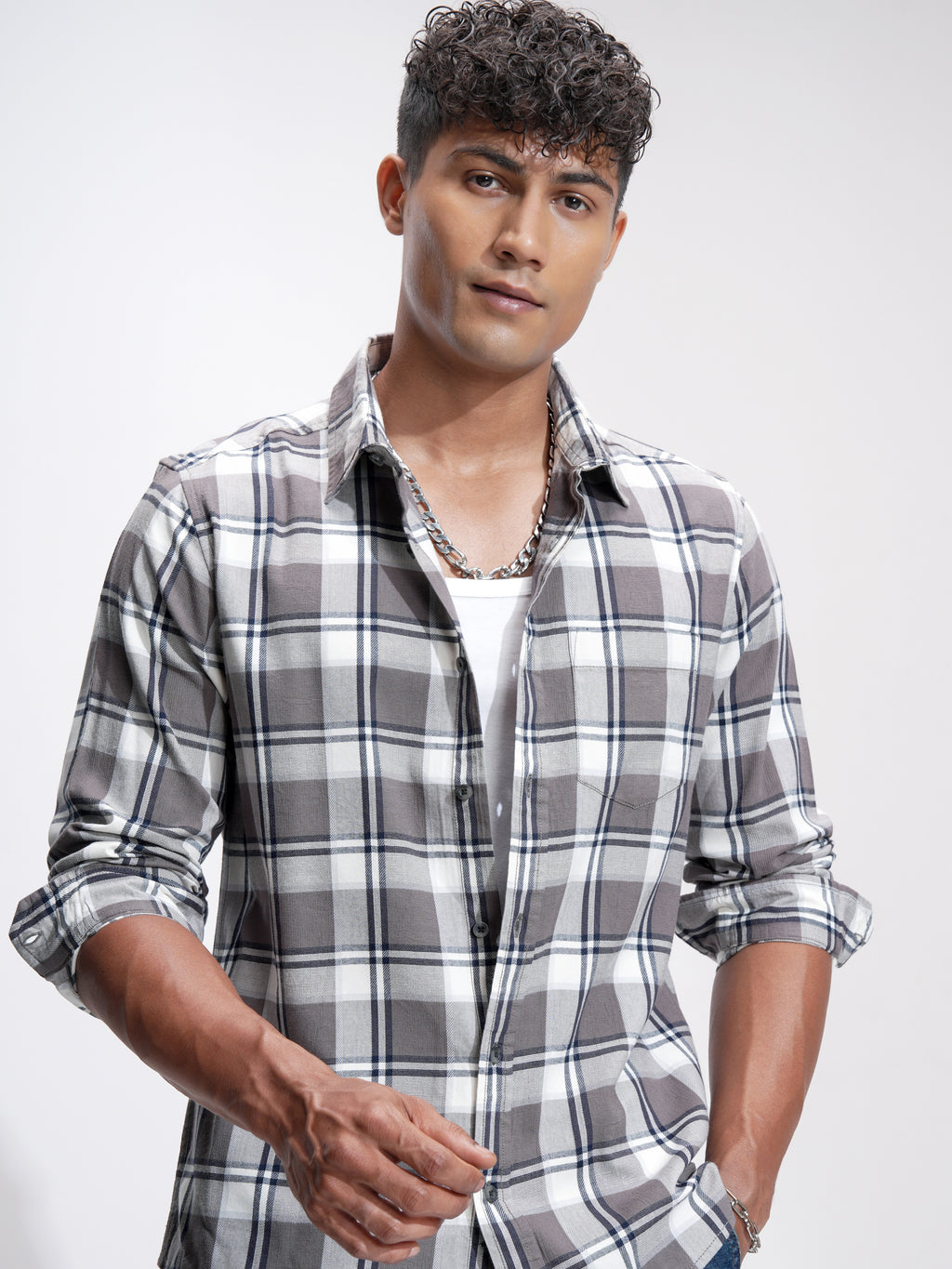 Highlander Men Khaki Checked Slim Fit Casual Shirt - Khaki - Image 1