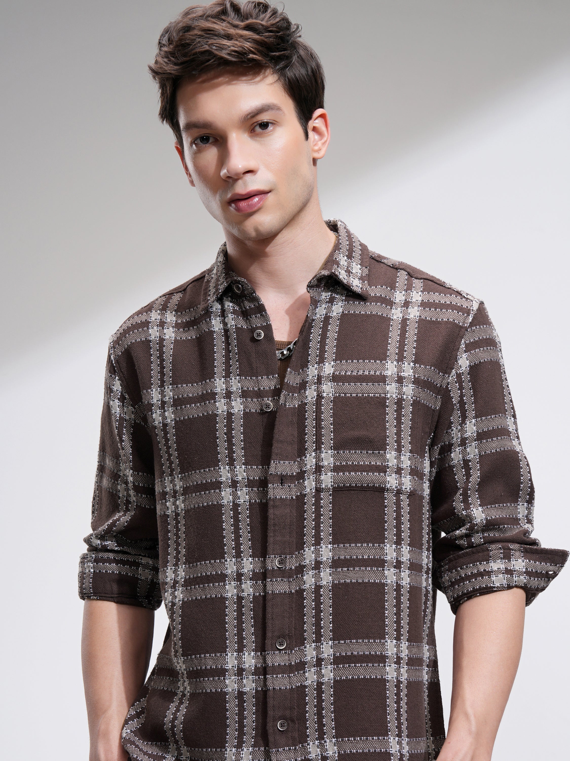 Highlander Men Brown Checked Relaxed Fit Casual Shirt - Brown - Image 1