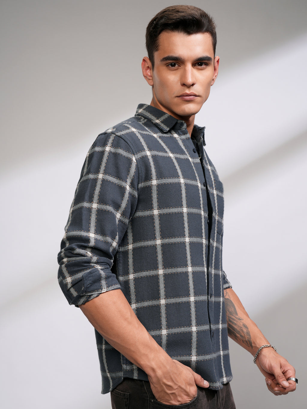 Highlander Men Grey Checked Relaxed Fit Casual Shirt - Grey - Image 6