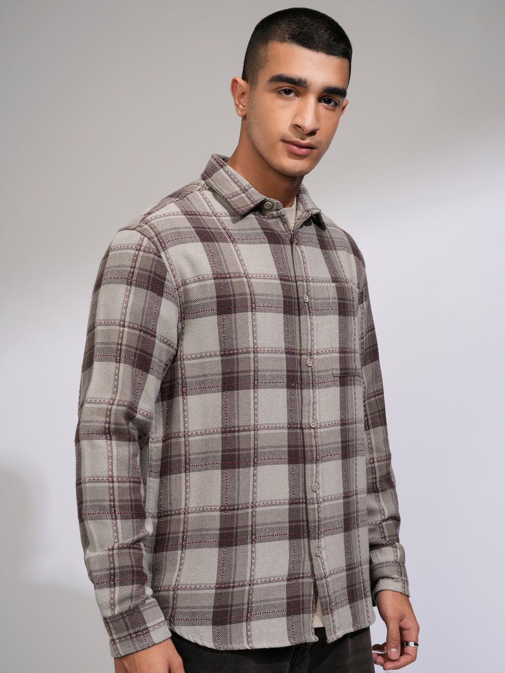Highlander Men Grey Checked Relaxed Fit Casual Shirt - Grey - Image 6