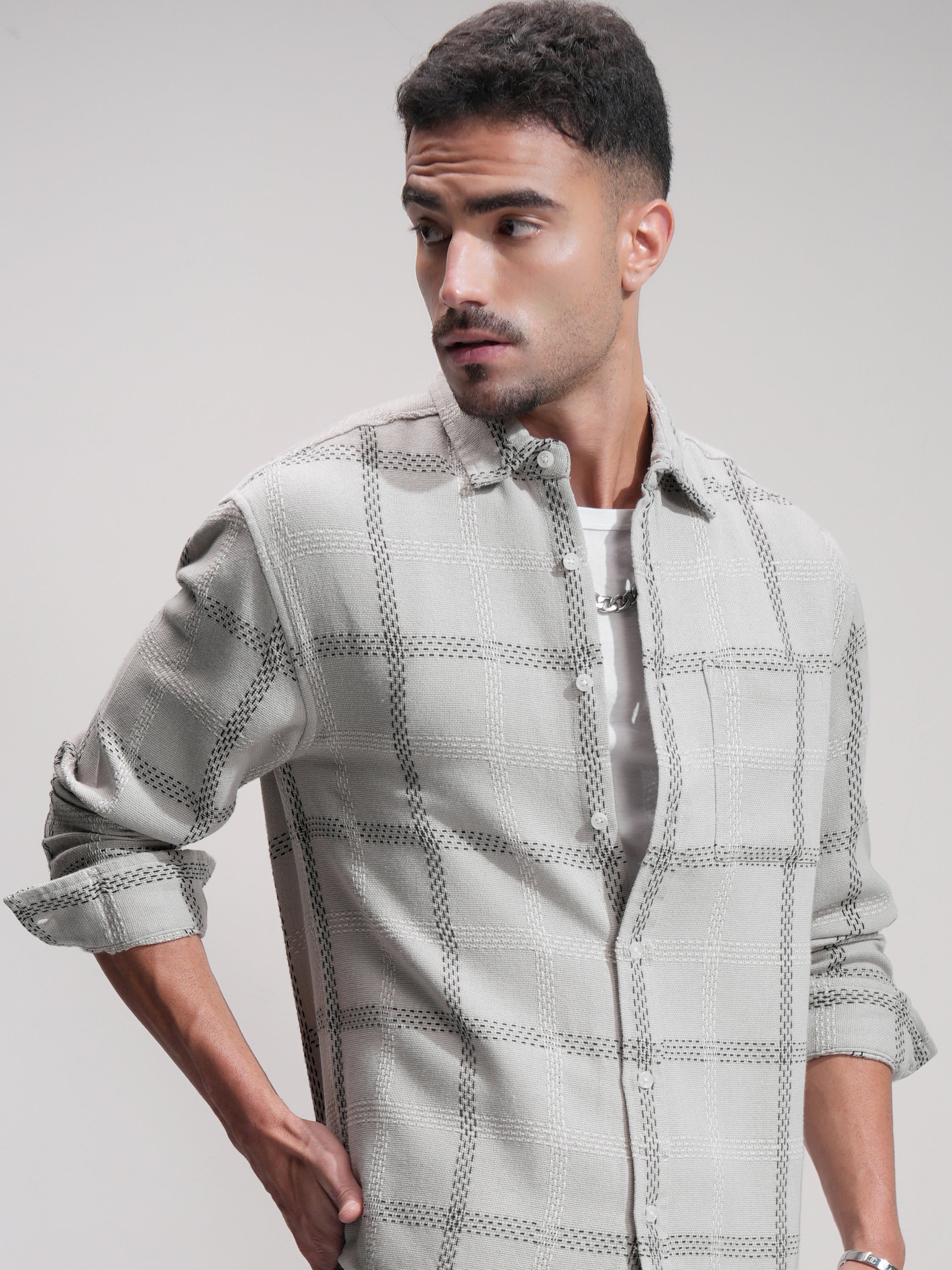 Highlander Men Grey Checked Relaxed Fit Casual Shirt - Grey - Image 1