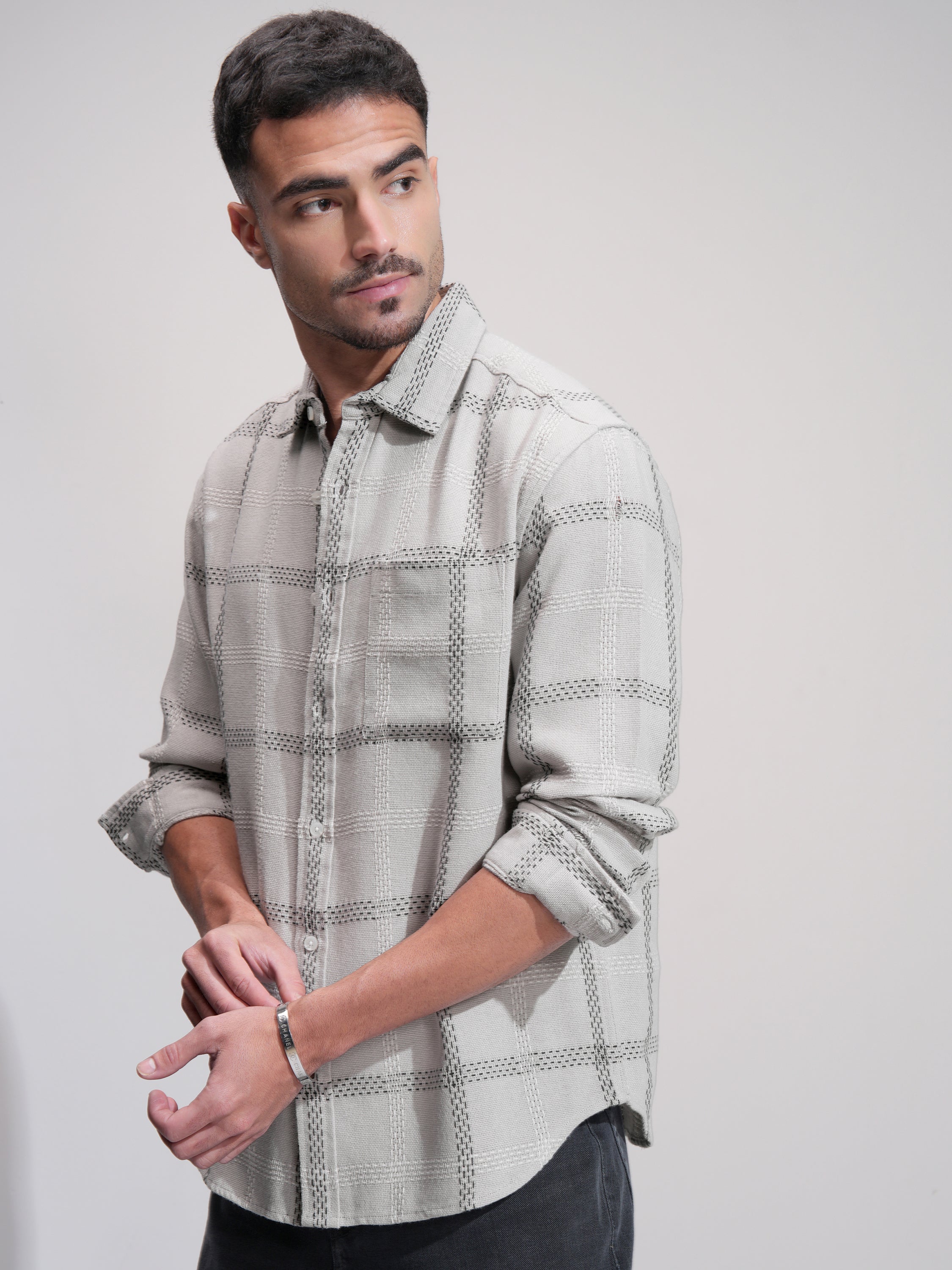 Highlander Men Grey Checked Relaxed Fit Casual Shirt - Grey - Image 4