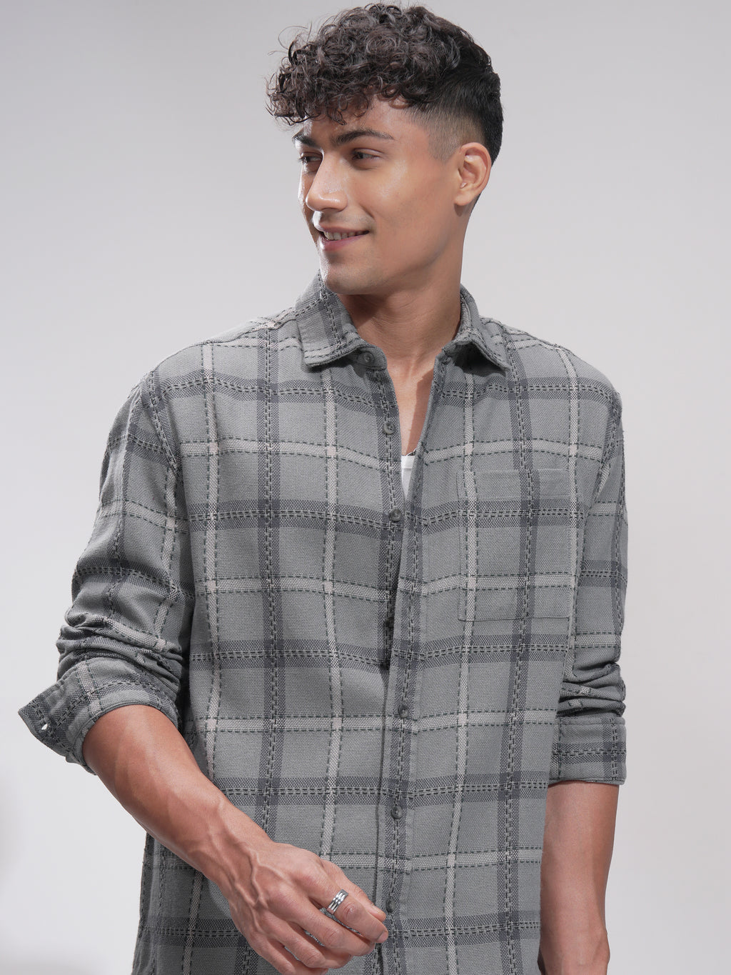 Highlander Men Grey Checked Relaxed Fit Casual Shirt - Grey - Image 1