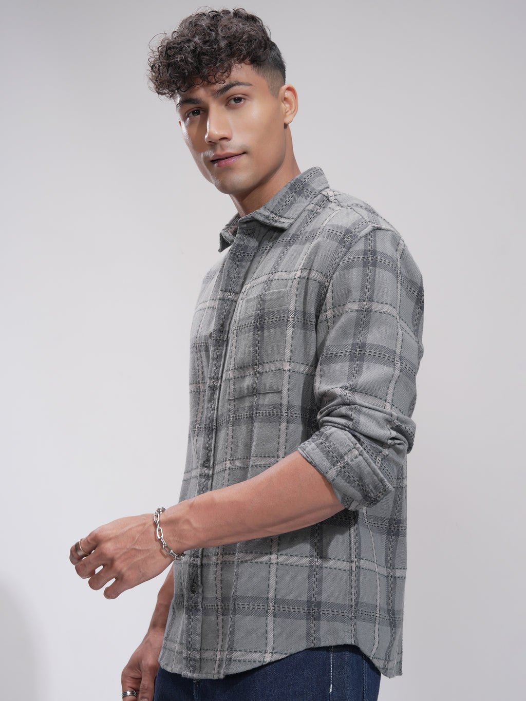 Highlander Men Grey Checked Relaxed Fit Casual Shirt - Grey - Image 4