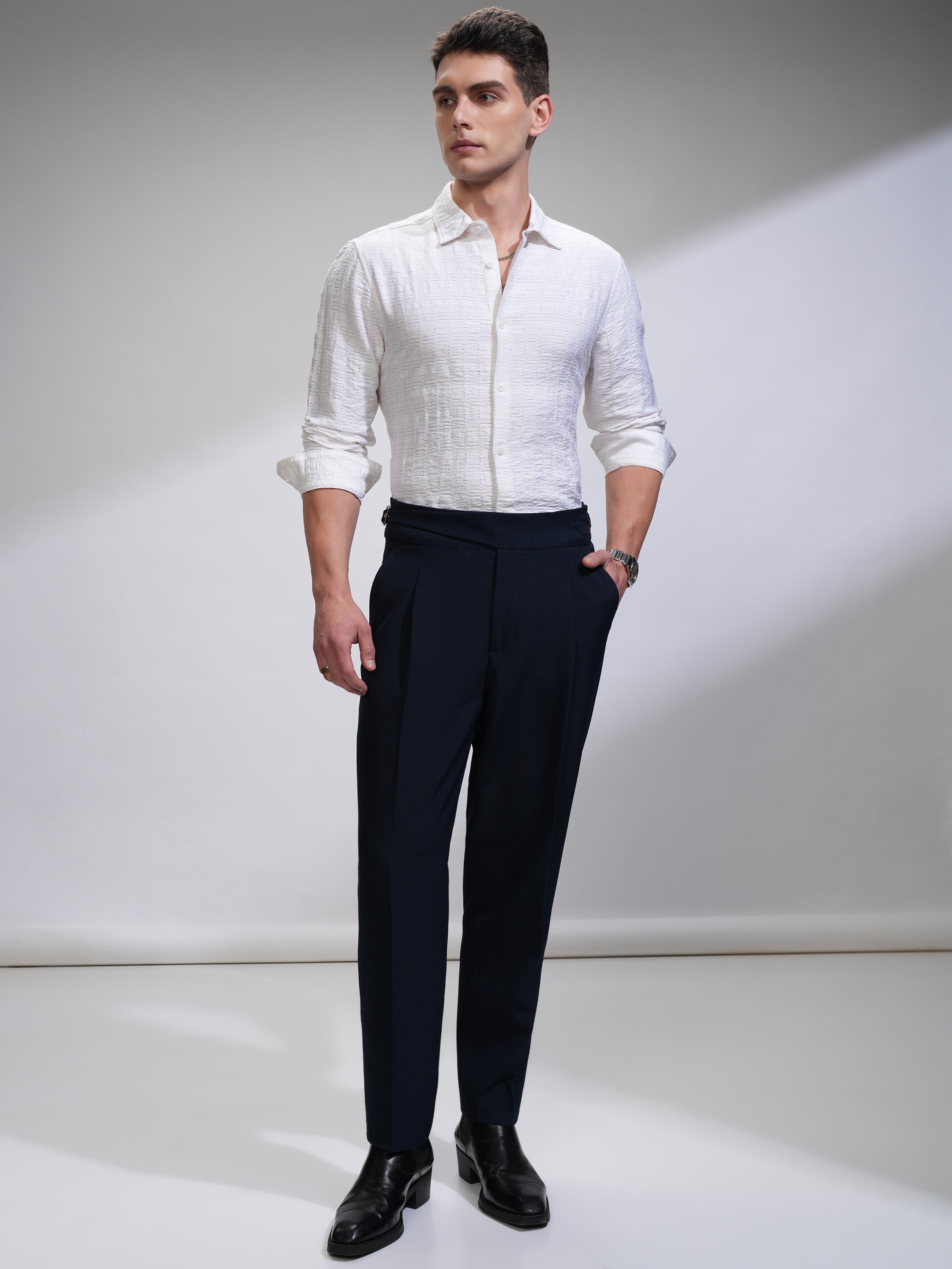 Highlander Men White Self Design Slim Fit Casual Shirt - White - Image 2
