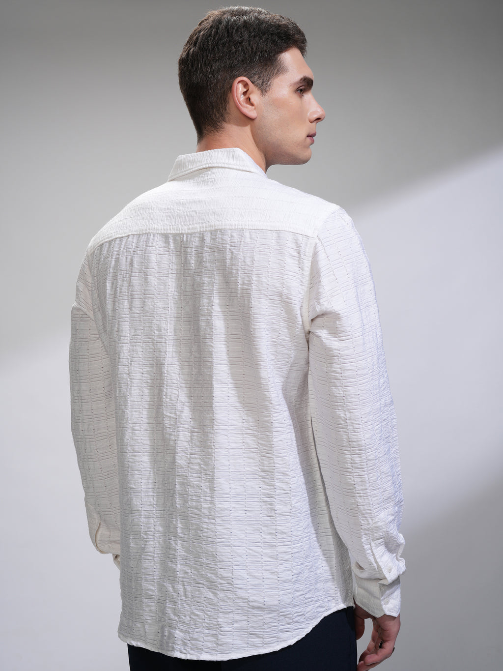 Highlander Men White Self Design Slim Fit Casual Shirt - White - Image 3