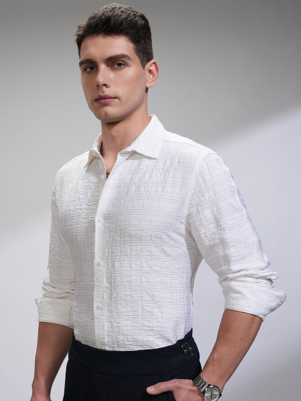 Highlander Men White Self Design Slim Fit Casual Shirt - White - Image 4