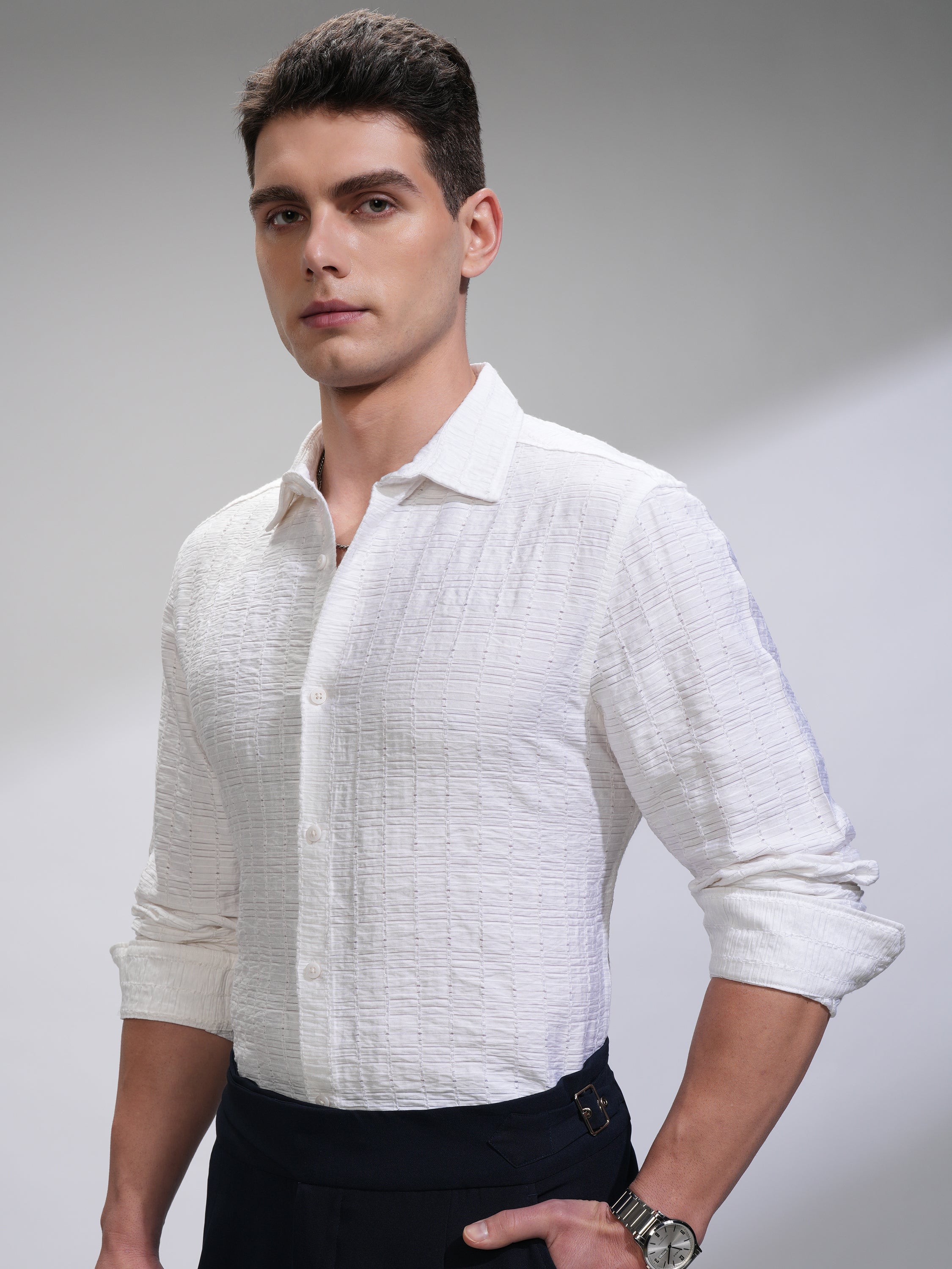 Highlander Men White Self Design Slim Fit Casual Shirt - White - Image 4