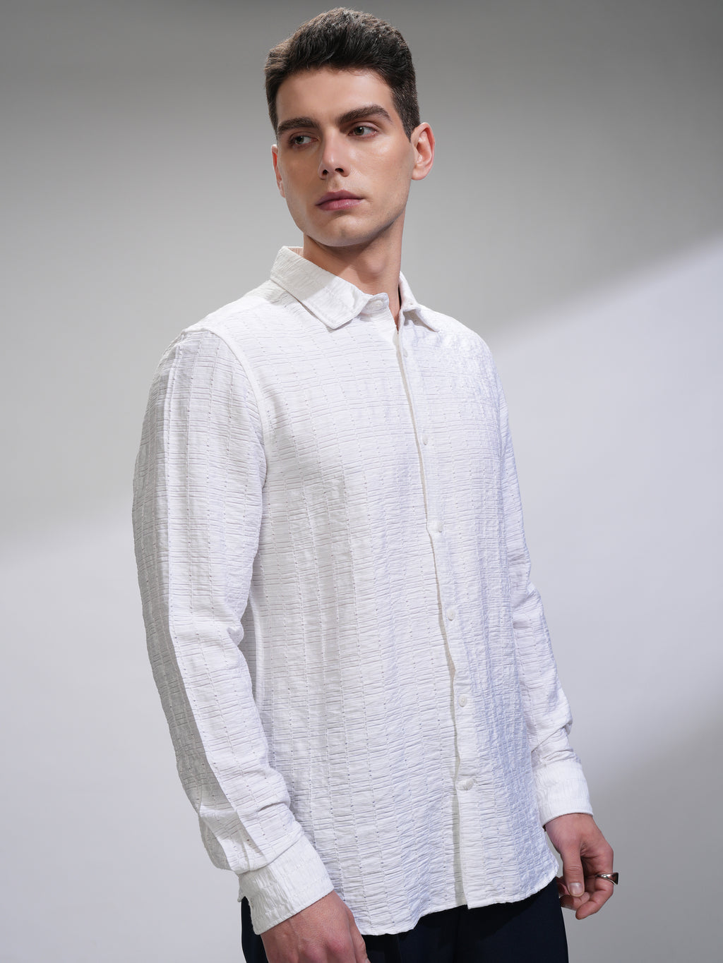 Highlander Men White Self Design Slim Fit Casual Shirt - White - Image 6
