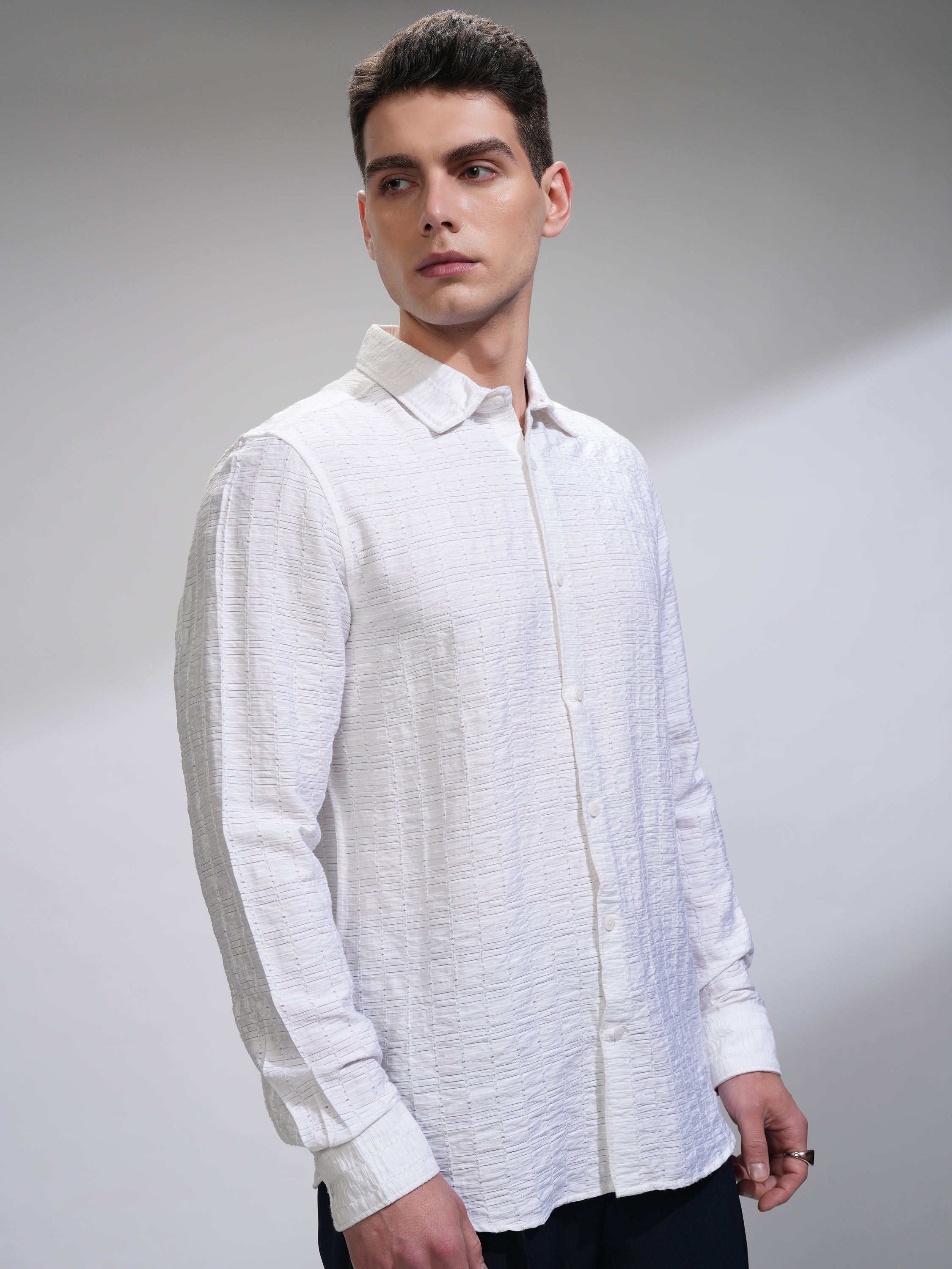 Highlander Men White Self Design Slim Fit Casual Shirt - White - Image 6