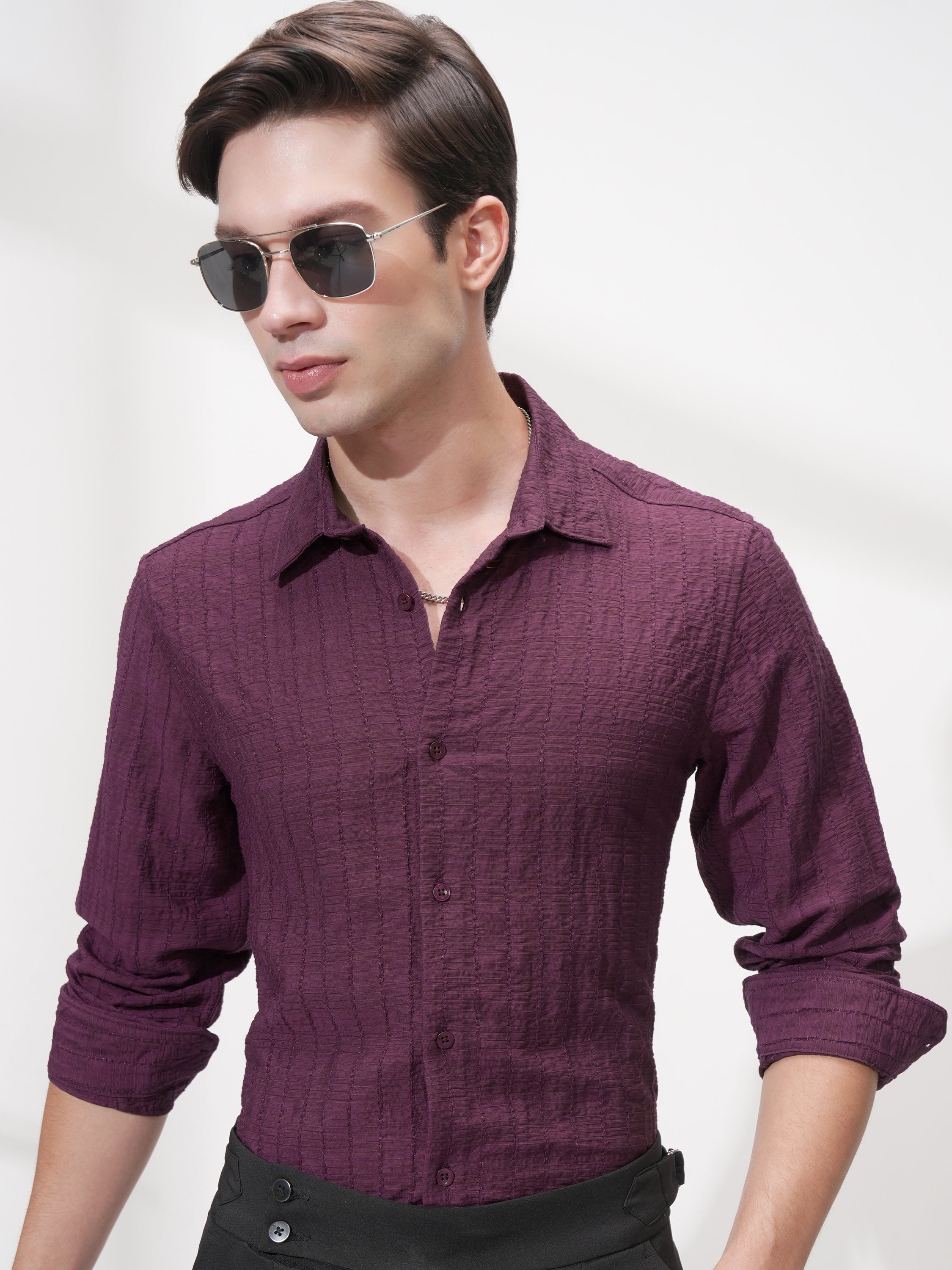 Highlander Men Purple Self Design Slim Fit Casual Shirt - Purple - Image 1