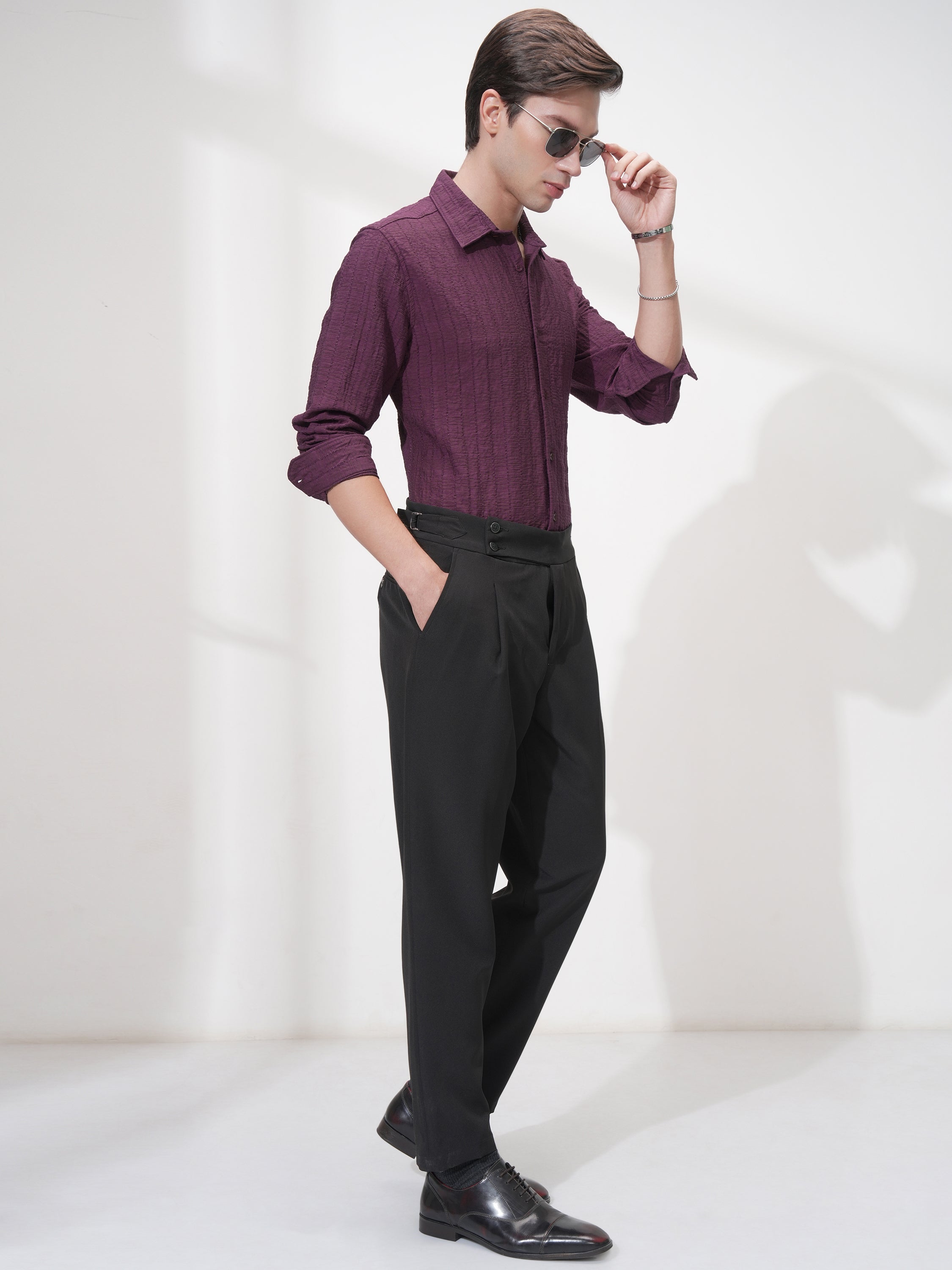 Highlander Men Purple Self Design Slim Fit Casual Shirt - Purple - Image 2