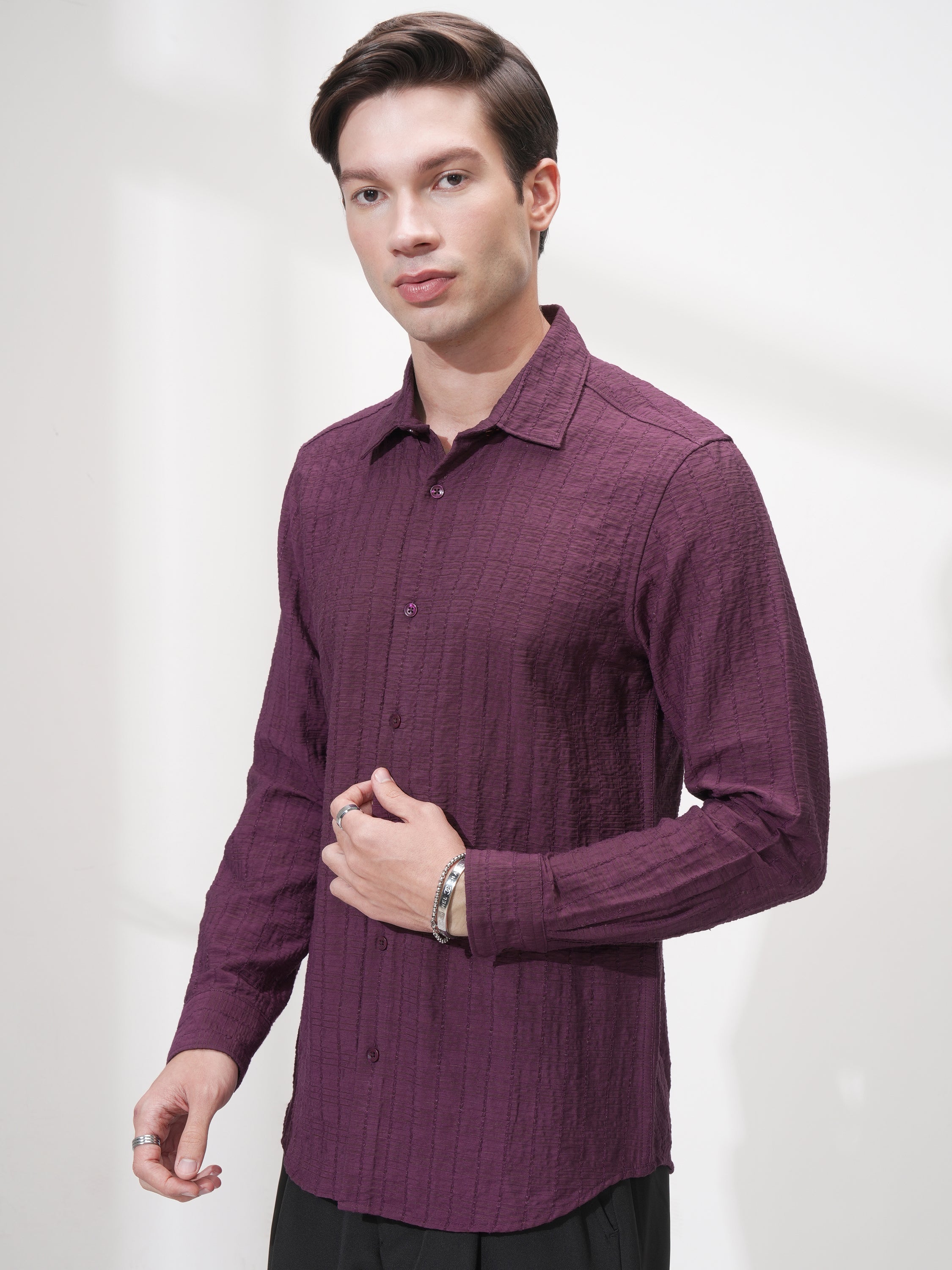 Highlander Men Purple Self Design Slim Fit Casual Shirt - Purple - Image 4