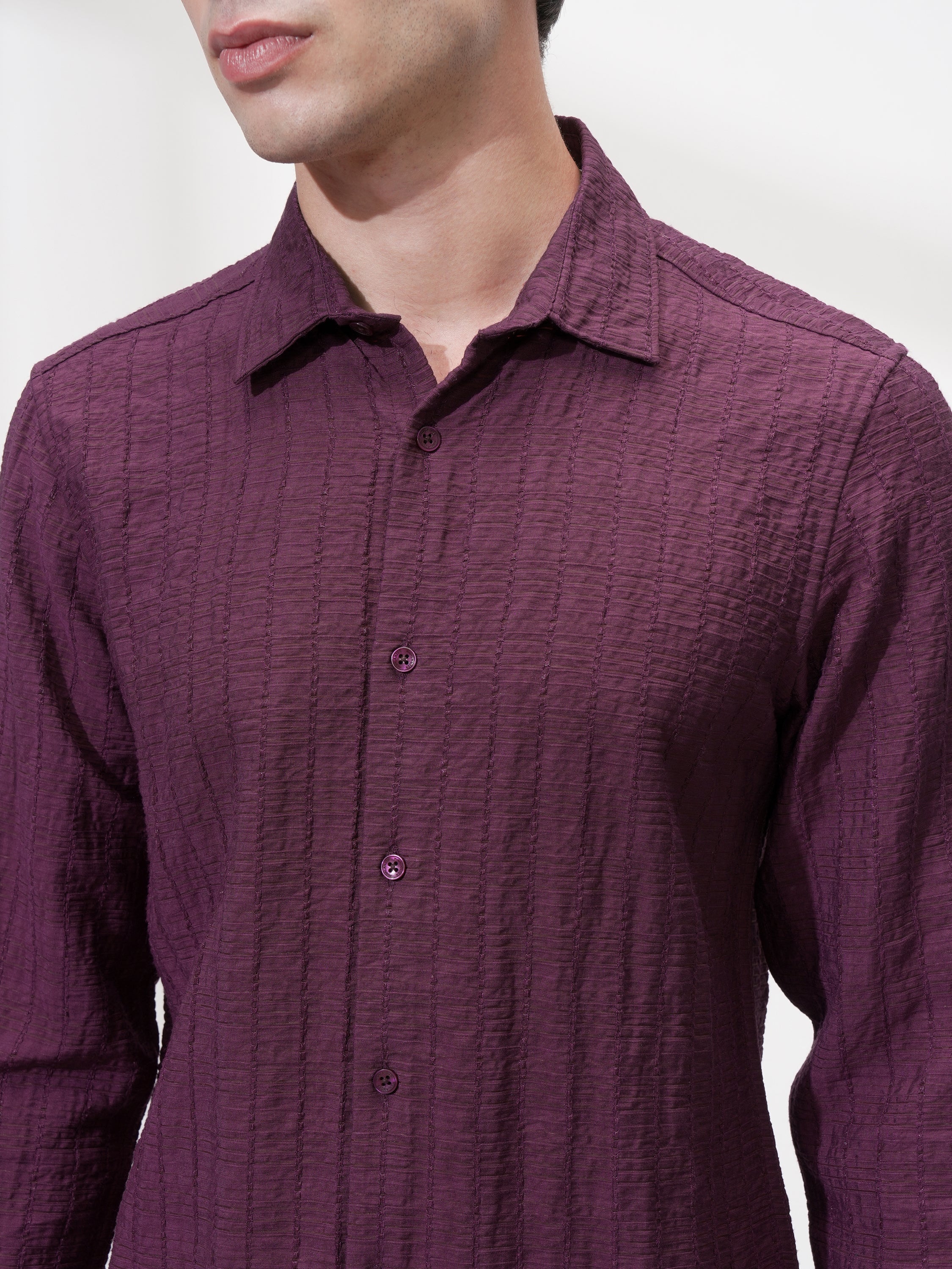 Highlander Men Purple Self Design Slim Fit Casual Shirt - Purple - Image 5