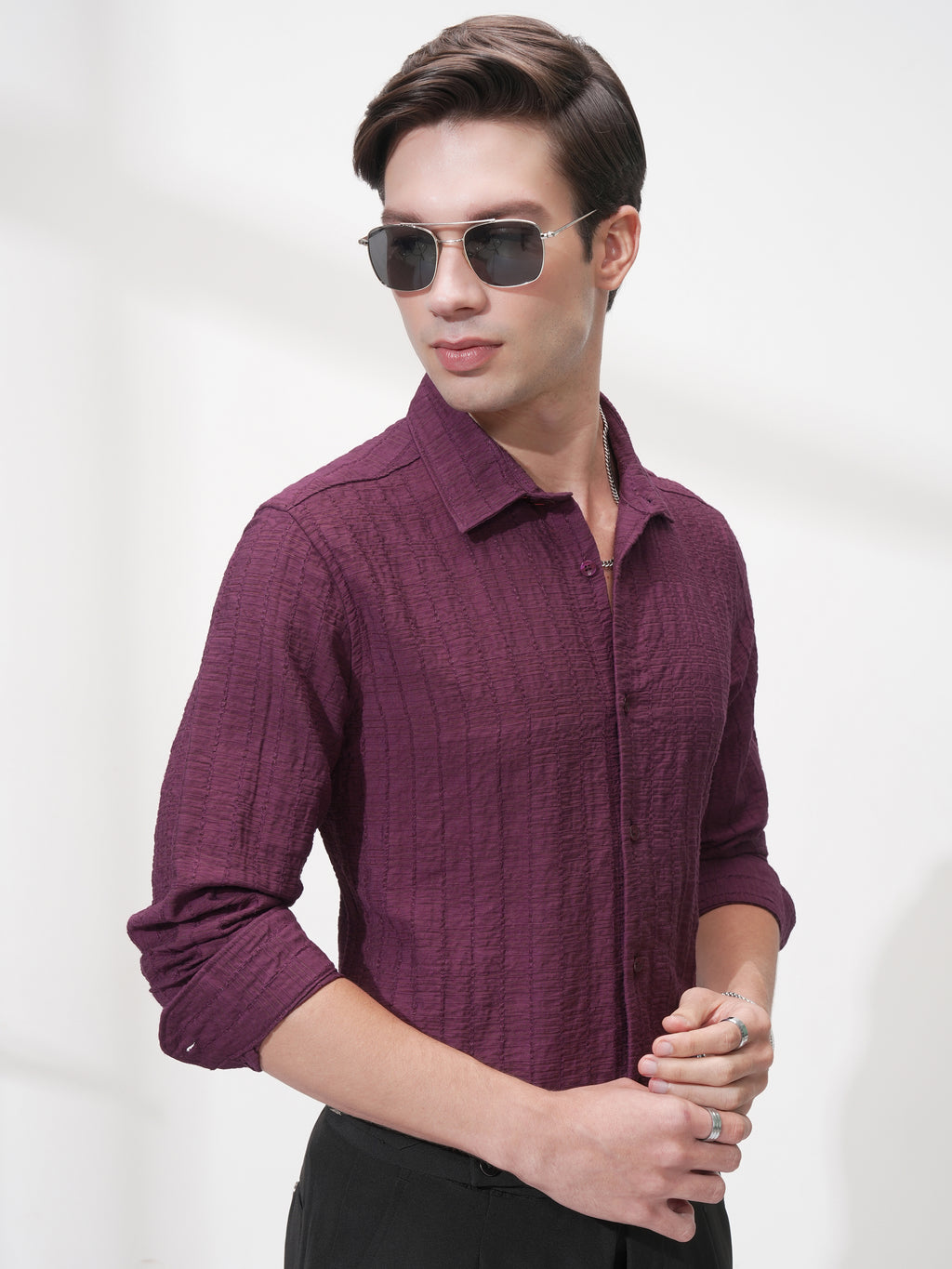 Highlander Men Purple Self Design Slim Fit Casual Shirt - Purple - Image 6