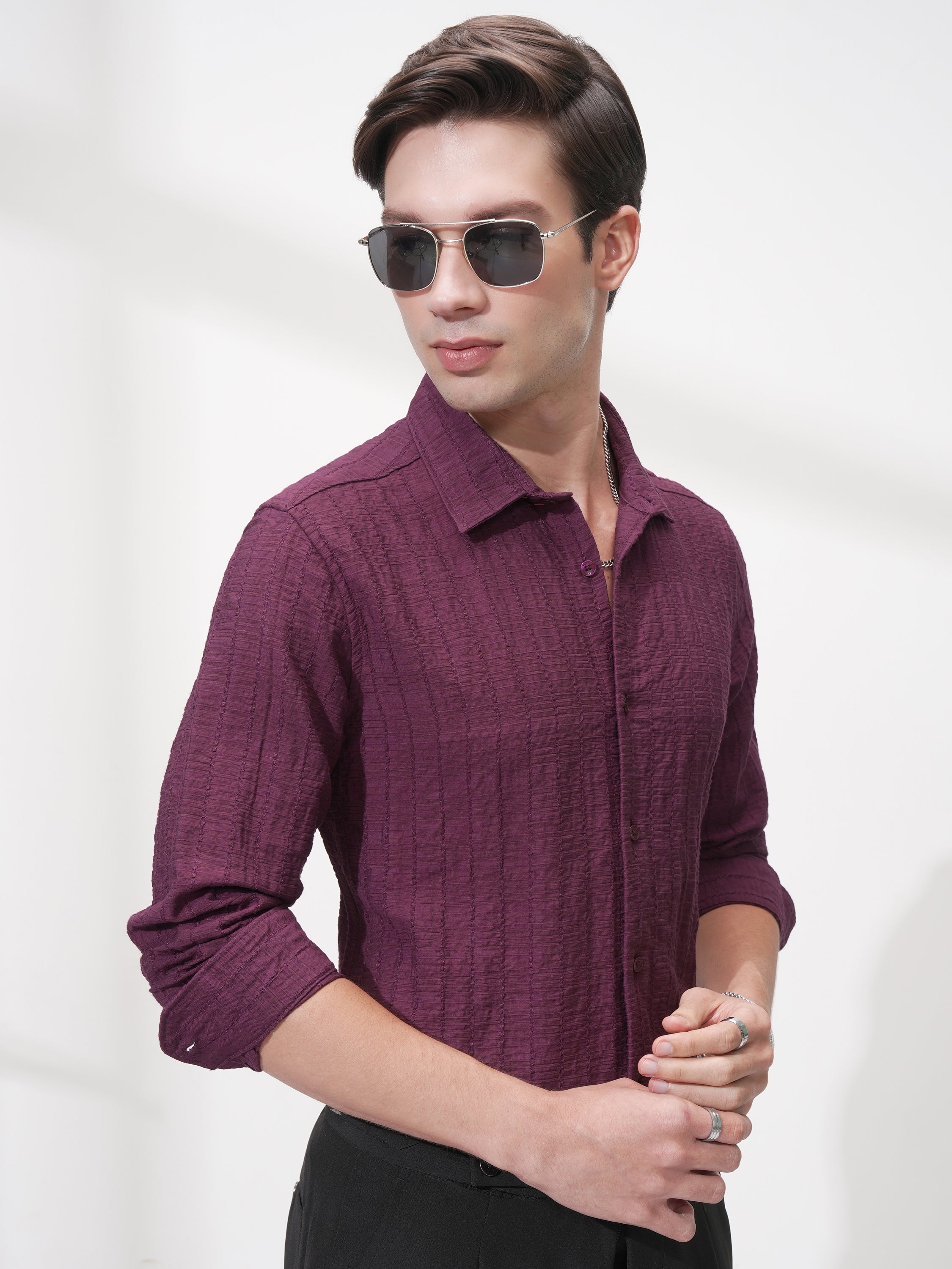 Highlander Men Purple Self Design Slim Fit Casual Shirt - Purple - Image 6
