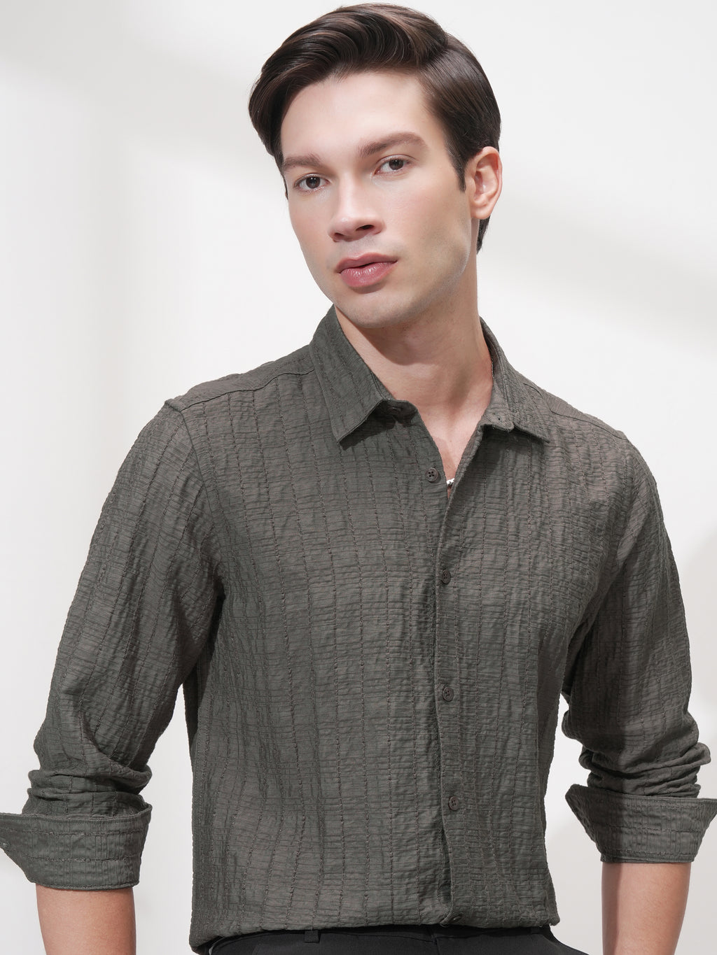 Highlander Men Olive Self Design Slim Fit Casual Shirt - Olive - Image 1