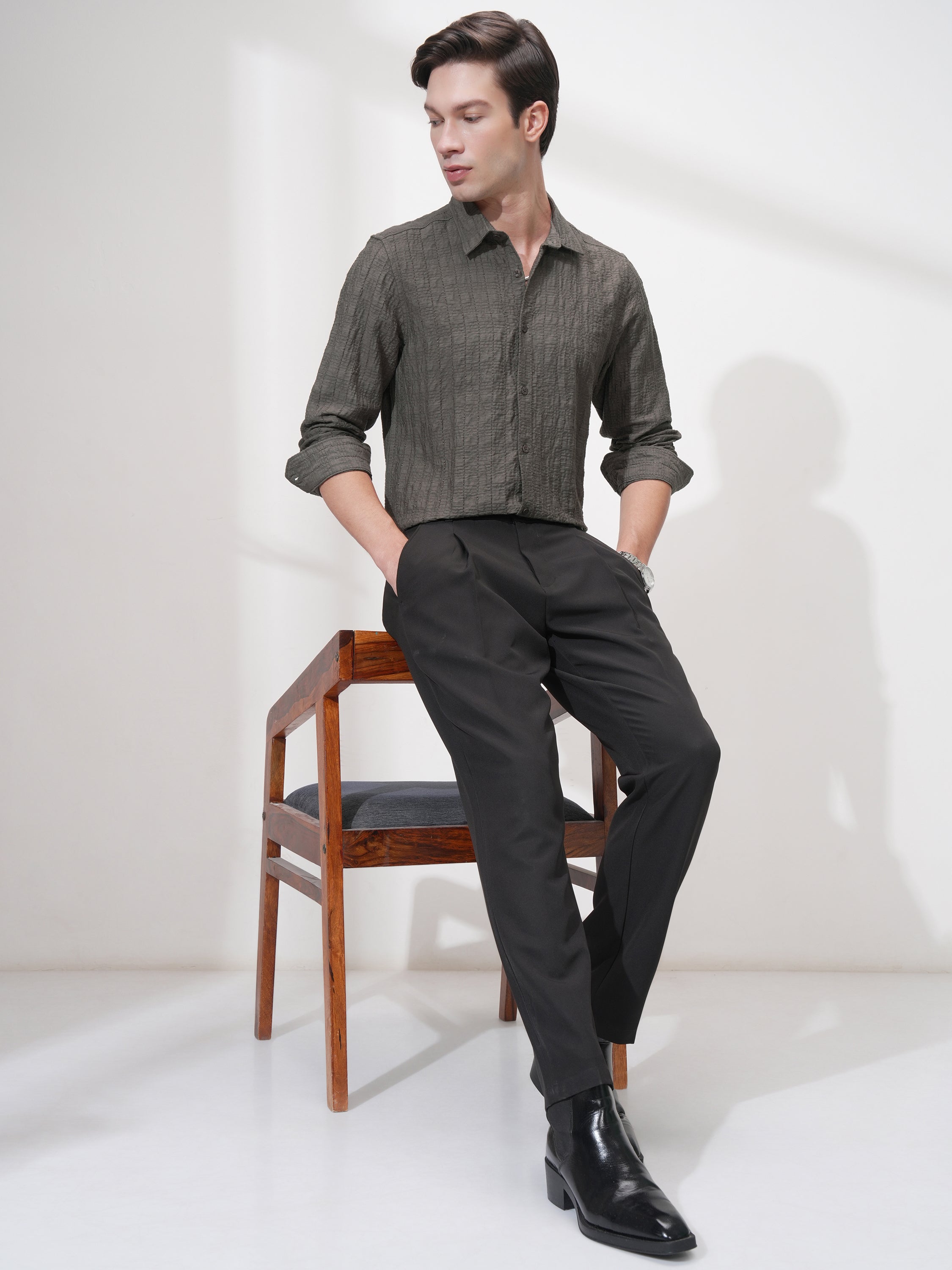 Highlander Men Olive Self Design Slim Fit Casual Shirt - Olive - Image 2
