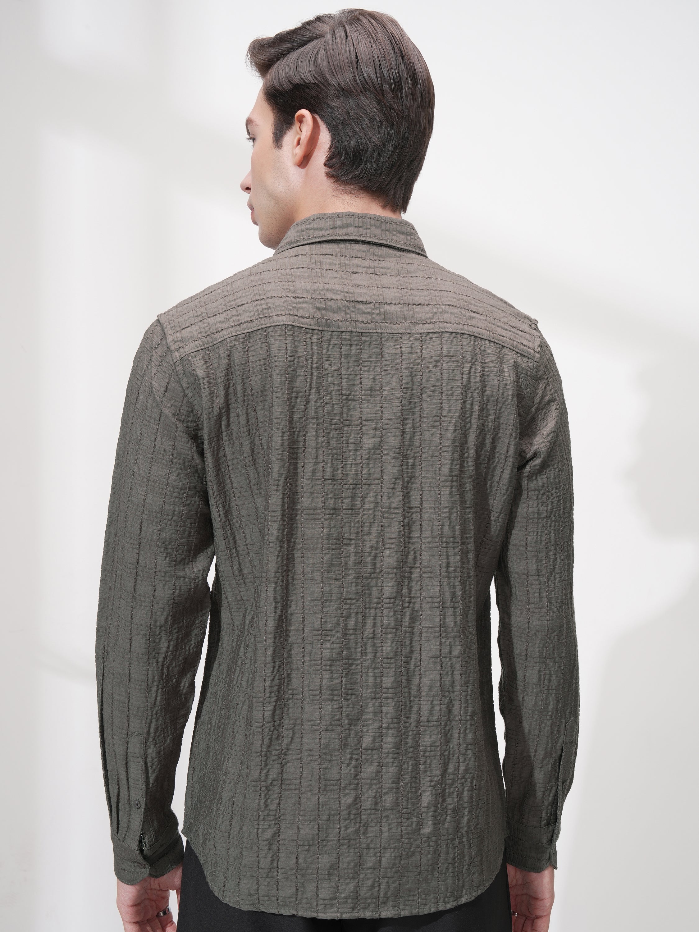 Highlander Men Olive Self Design Slim Fit Casual Shirt - Olive - Image 3