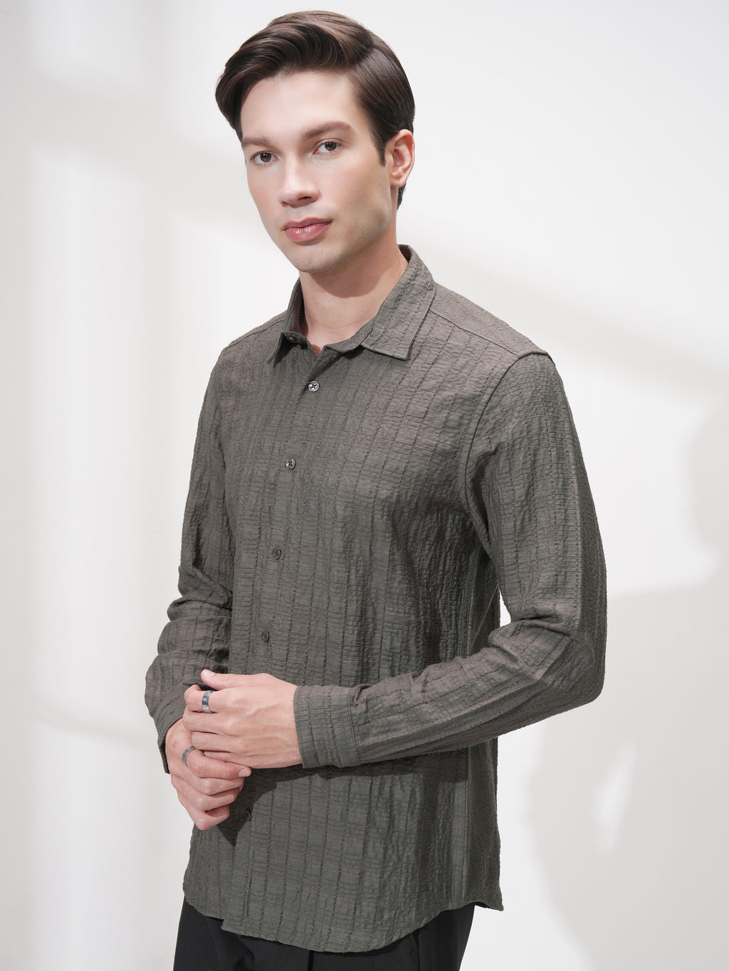 Highlander Men Olive Self Design Slim Fit Casual Shirt - Olive - Image 4