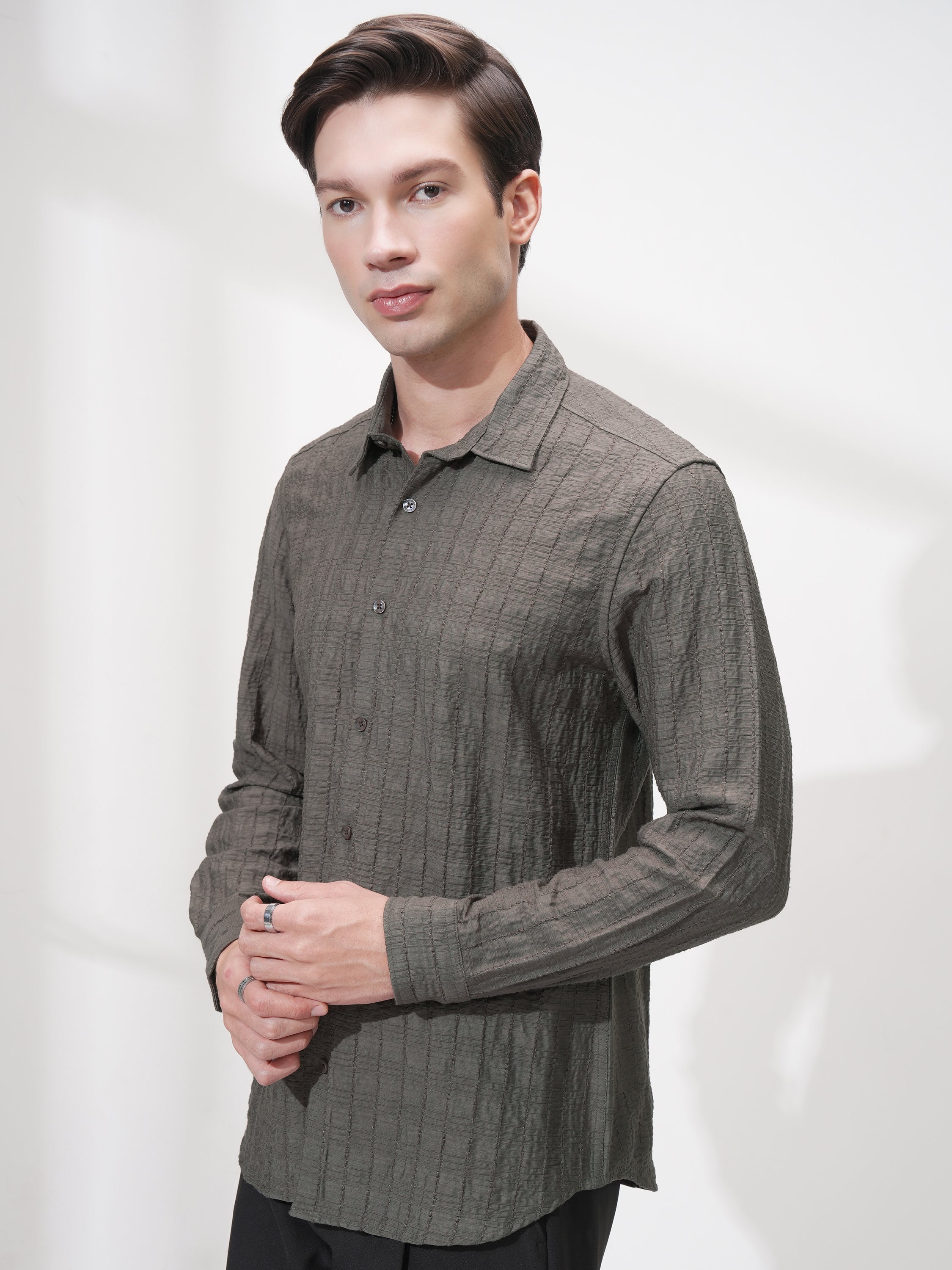 Highlander Men Olive Self Design Slim Fit Casual Shirt - Olive - Image 4