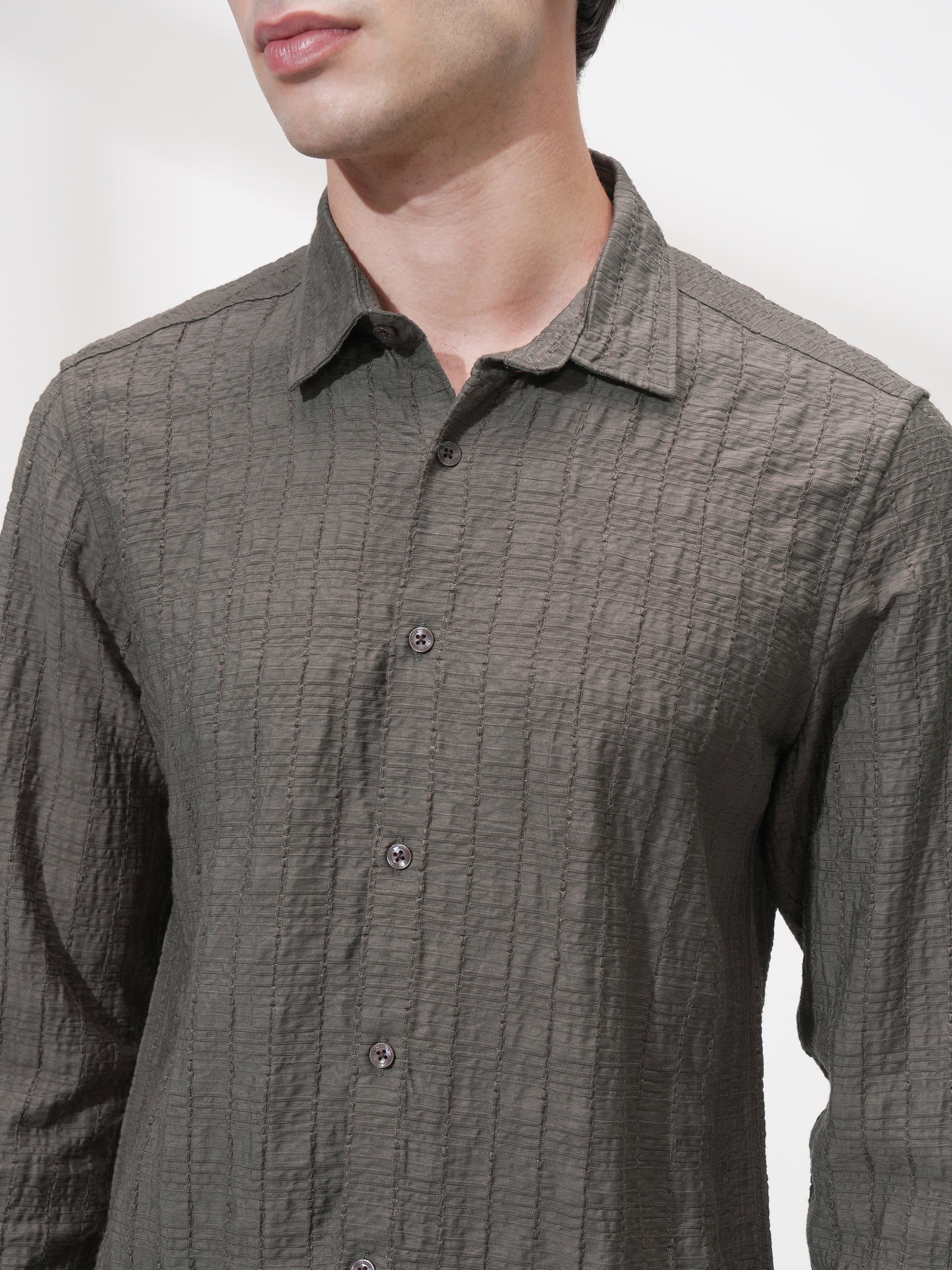 Highlander Men Olive Self Design Slim Fit Casual Shirt - Olive - Image 5