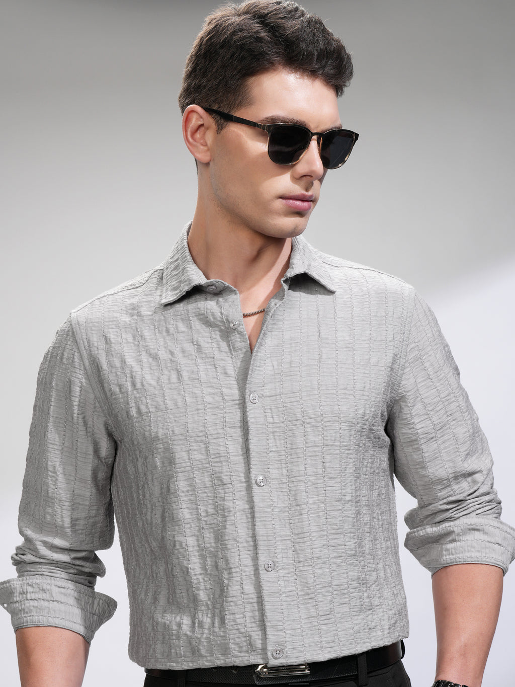 Highlander Men Grey Self Design Slim Fit Casual Shirt - Grey - Image 1